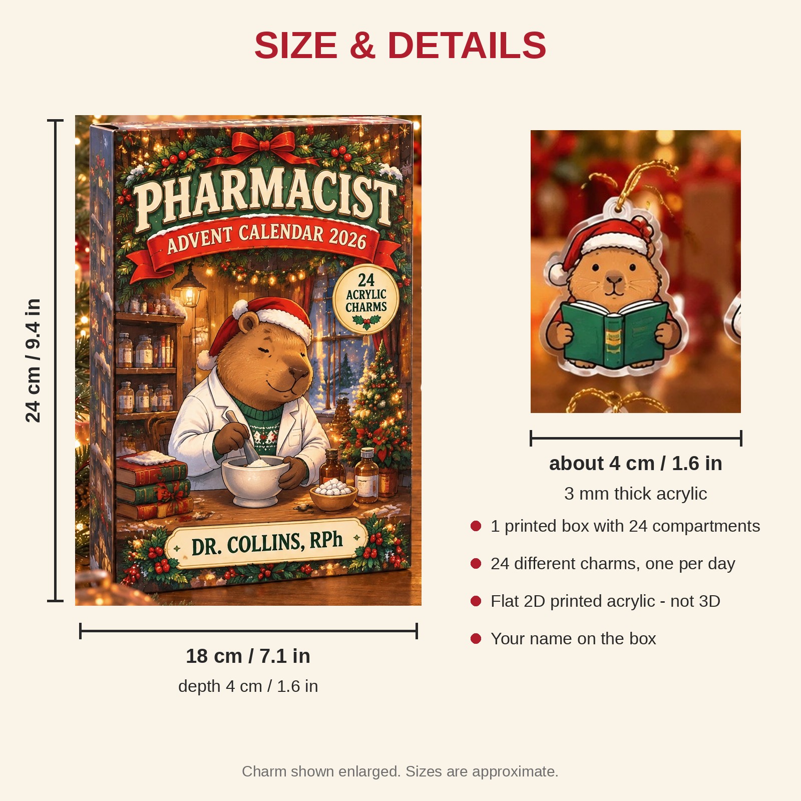 Personalized Pharmacist Capybara advent calendar box with 24 flat acrylic Christmas charms: box and charm sizes