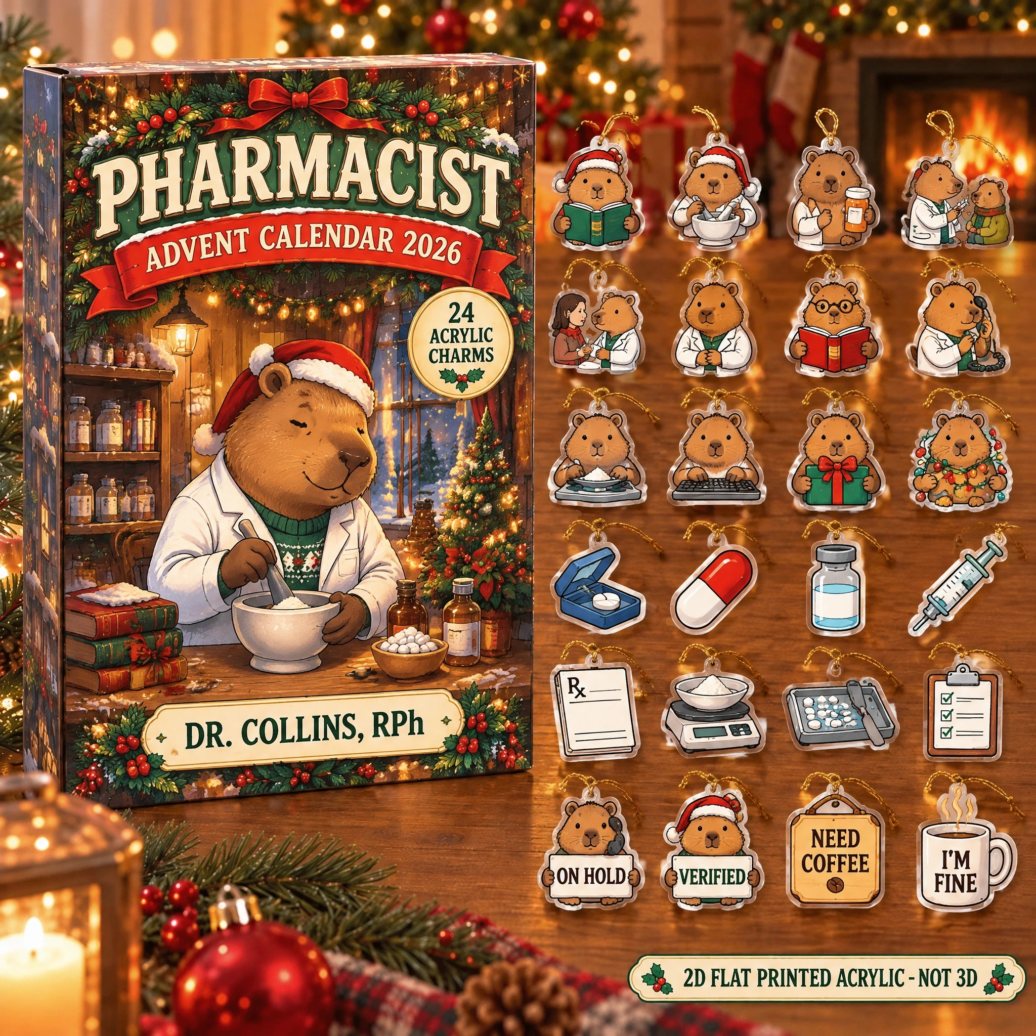 Personalized Pharmacist Capybara advent calendar box with 24 flat acrylic Christmas charms