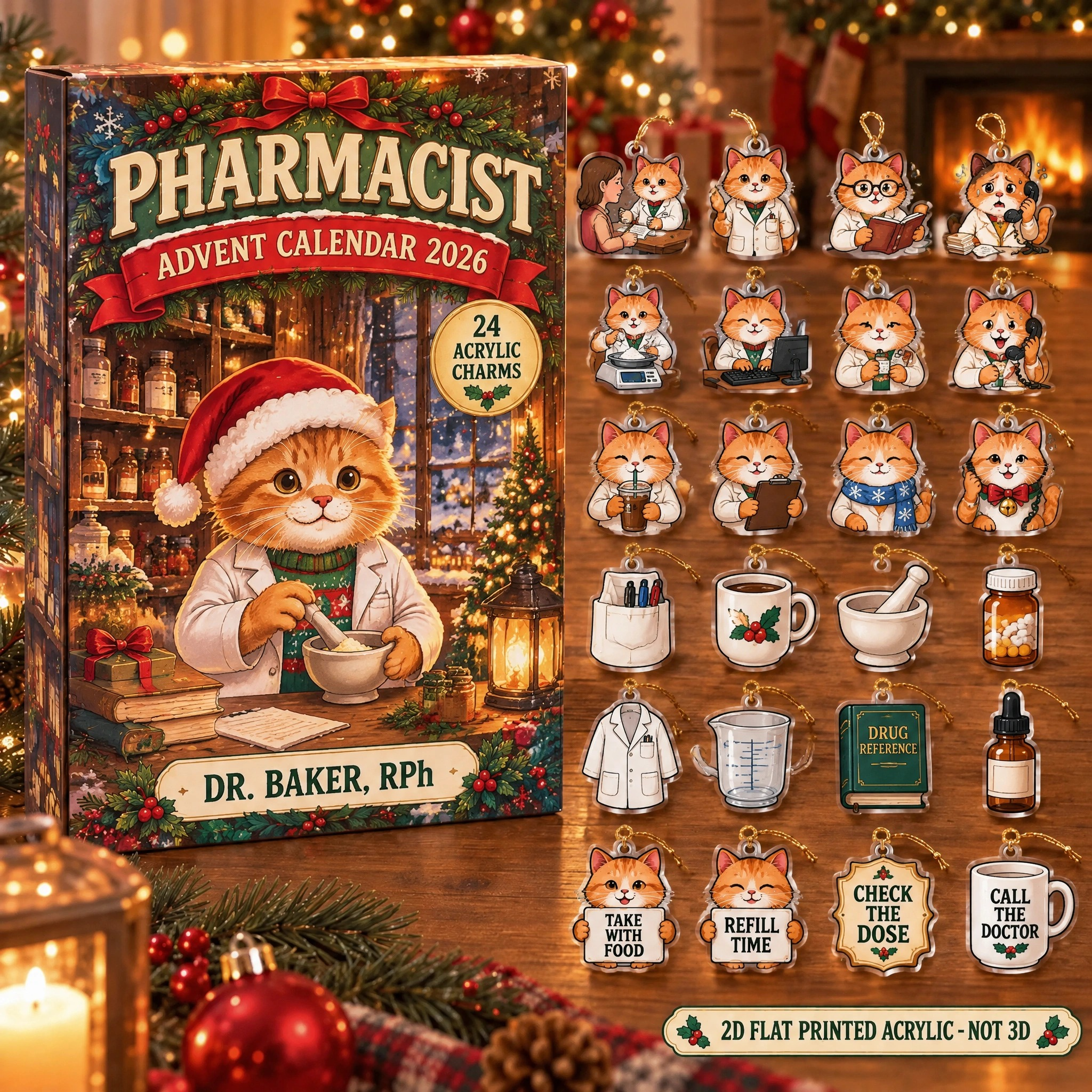 Personalized Pharmacist Cat advent calendar box with 24 flat acrylic Christmas charms