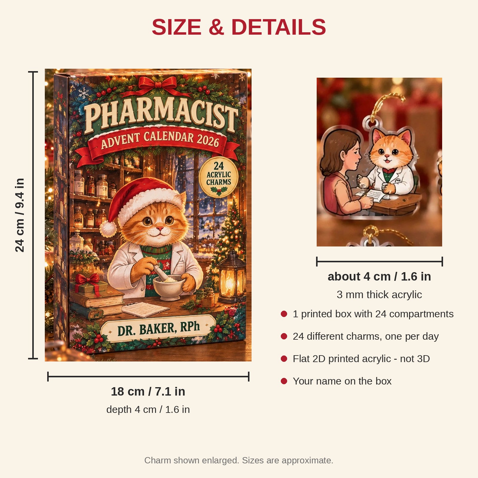 Personalized Pharmacist Cat advent calendar box with 24 flat acrylic Christmas charms: box and charm sizes