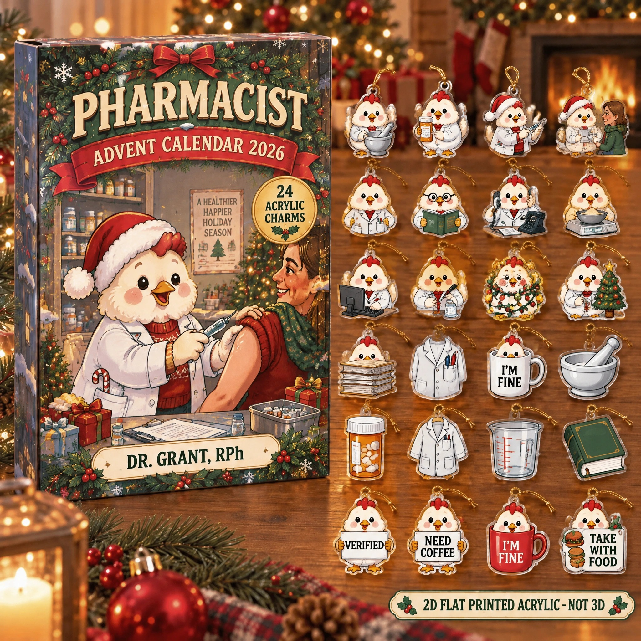 Personalized Pharmacist Chicken advent calendar box with 24 flat acrylic Christmas charms