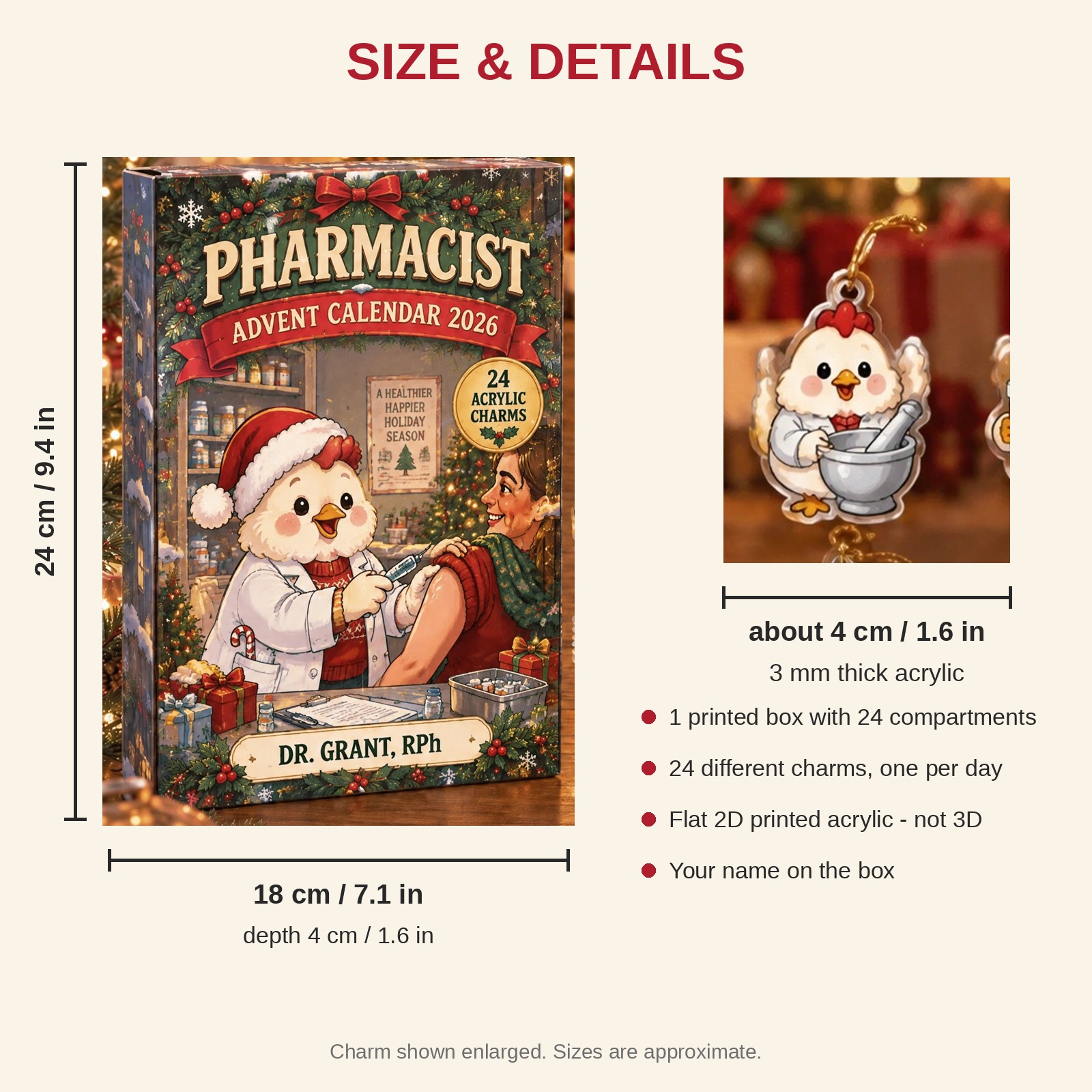 Personalized Pharmacist Chicken advent calendar box with 24 flat acrylic Christmas charms: box and charm sizes