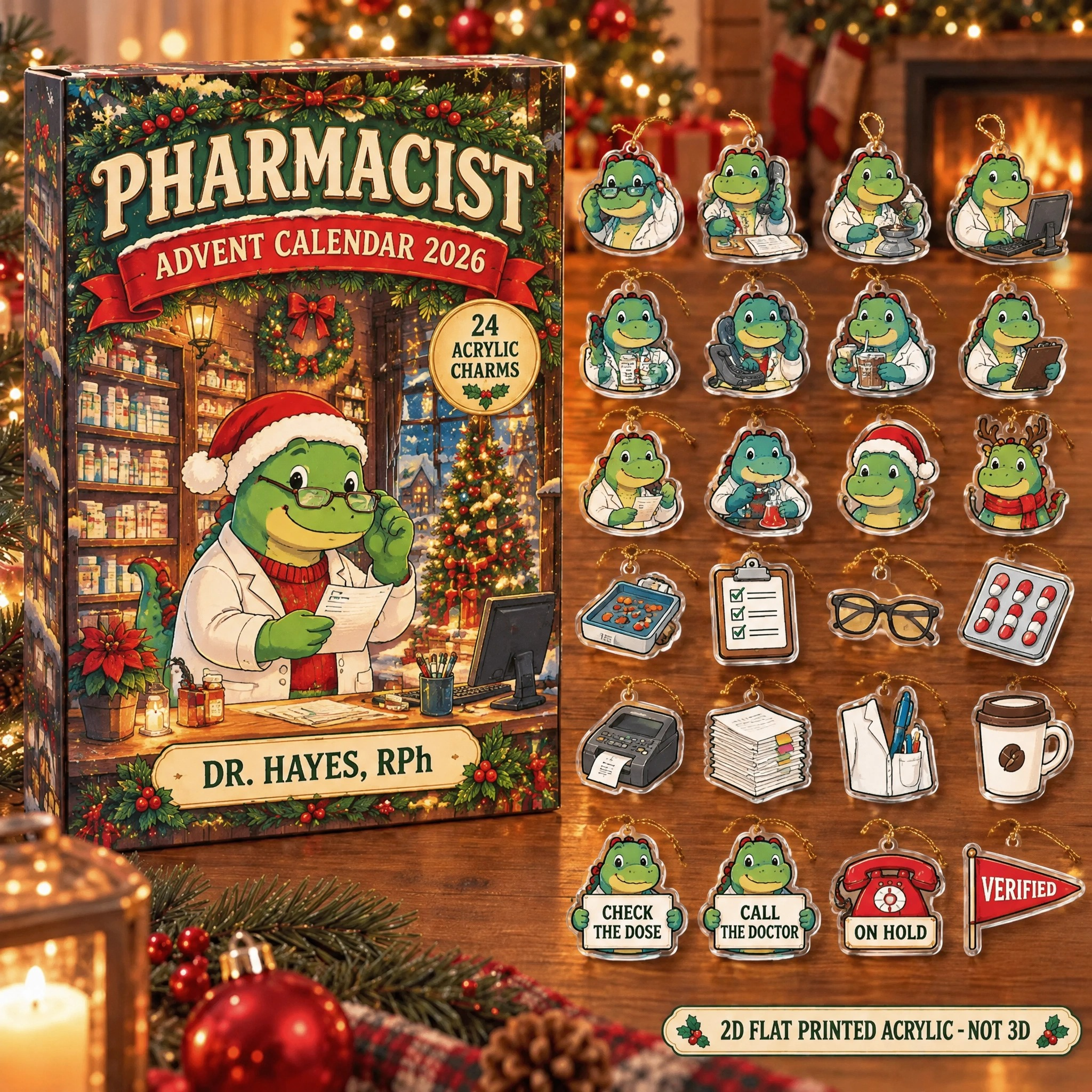Personalized Pharmacist Dinosaur advent calendar box with 24 flat acrylic Christmas charms