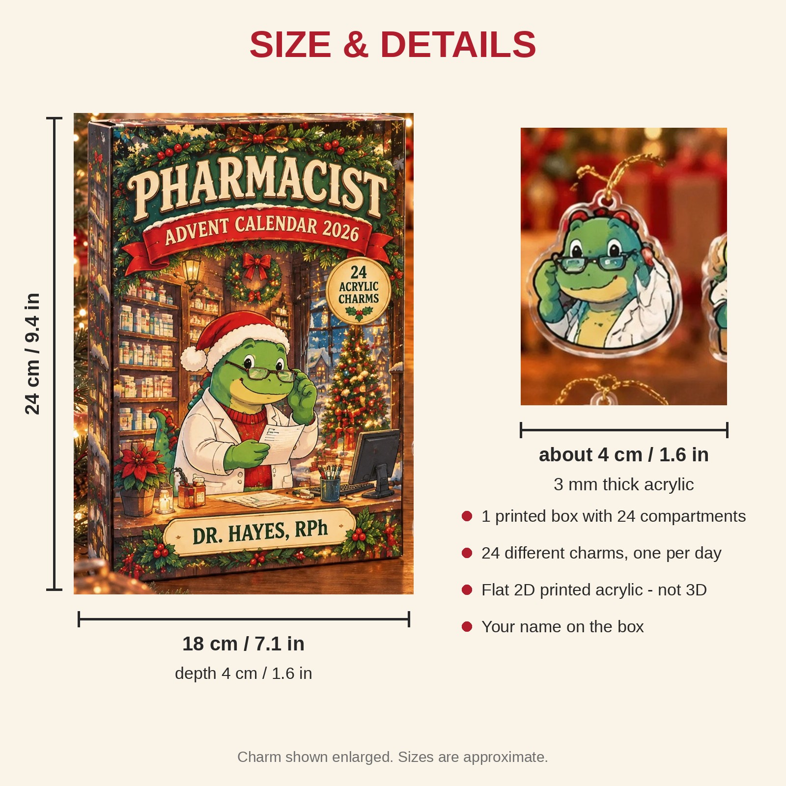 Personalized Pharmacist Dinosaur advent calendar box with 24 flat acrylic Christmas charms: box and charm sizes