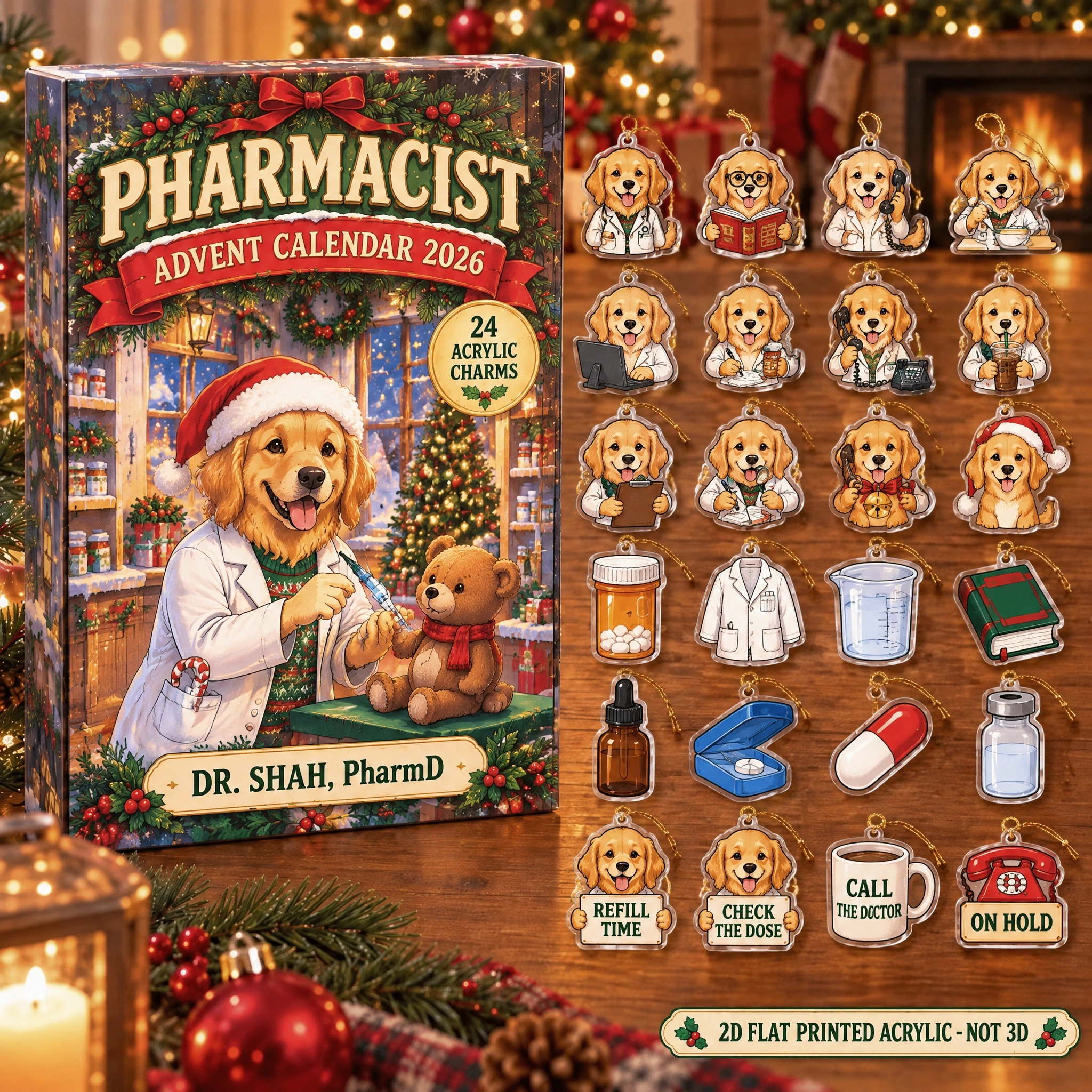 Personalized Pharmacist Dog advent calendar box with 24 flat acrylic Christmas charms