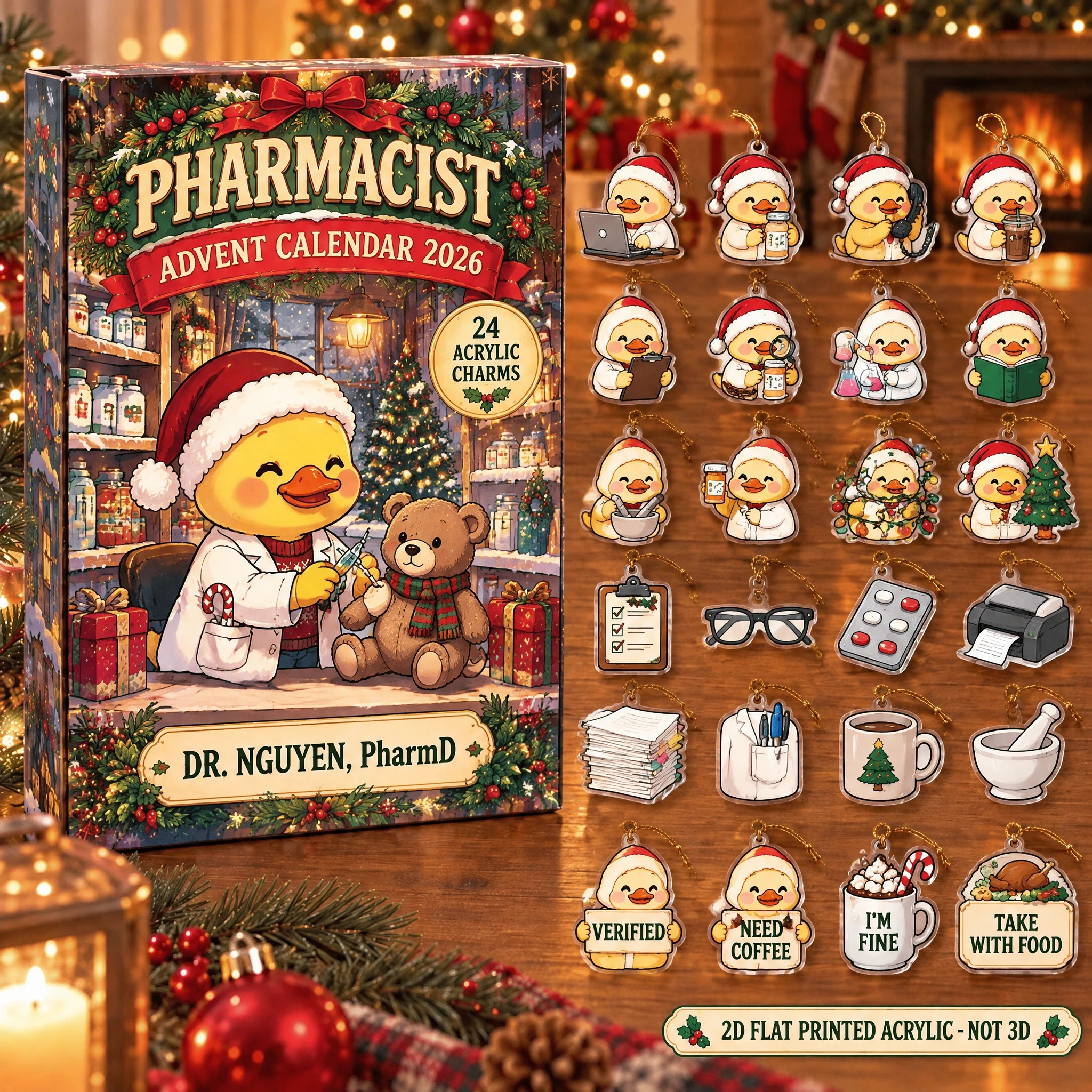 Personalized Pharmacist Duck advent calendar box with 24 flat acrylic Christmas charms