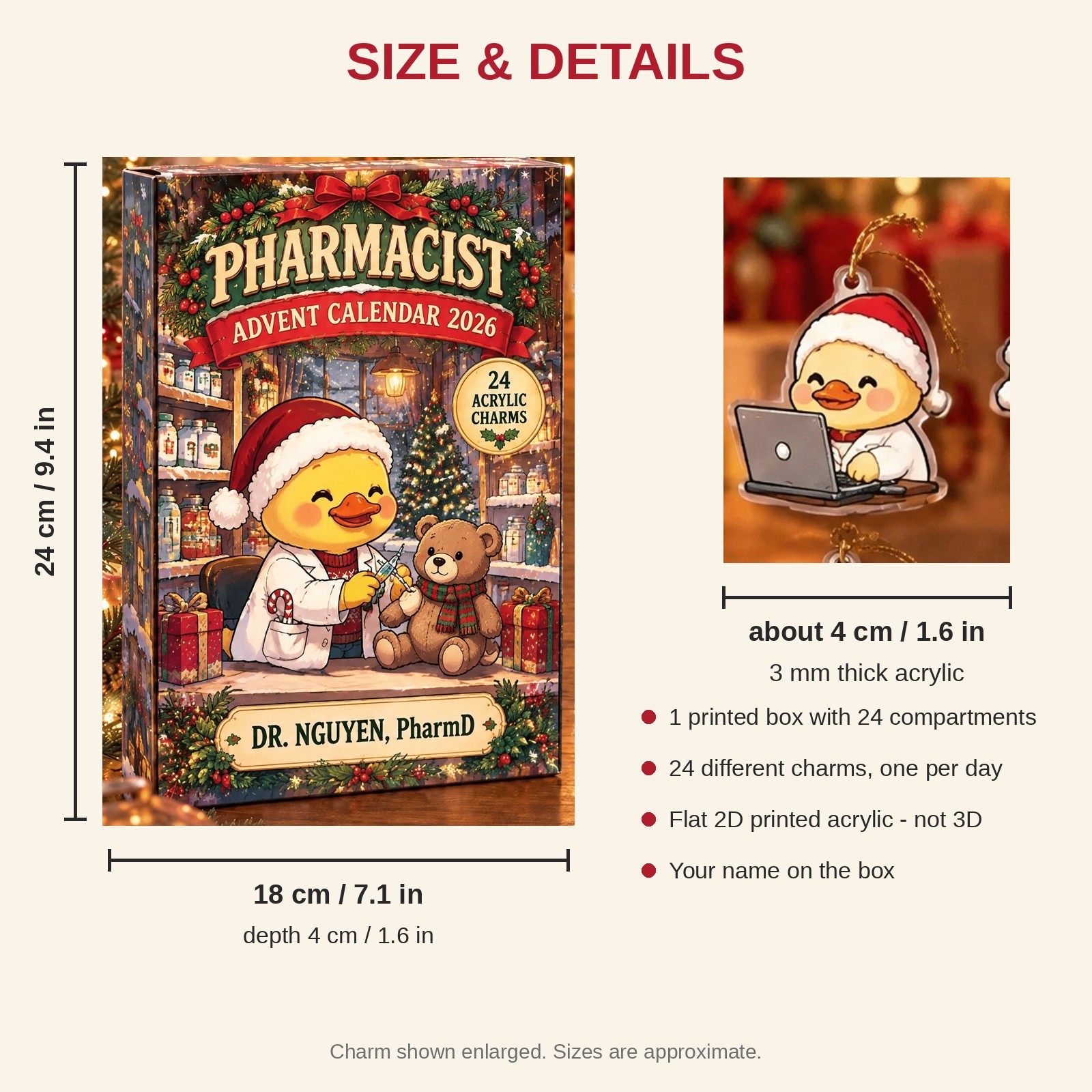 Personalized Pharmacist Duck advent calendar box with 24 flat acrylic Christmas charms: box and charm sizes
