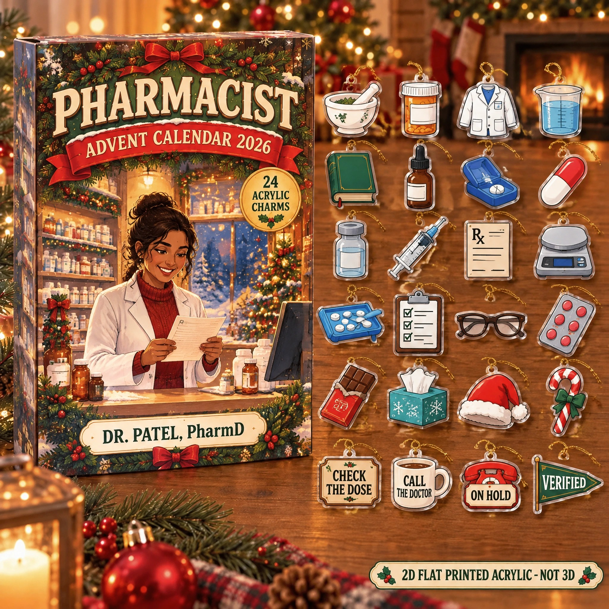 Personalized Pharmacist Essentials advent calendar box with 24 flat acrylic Christmas charms