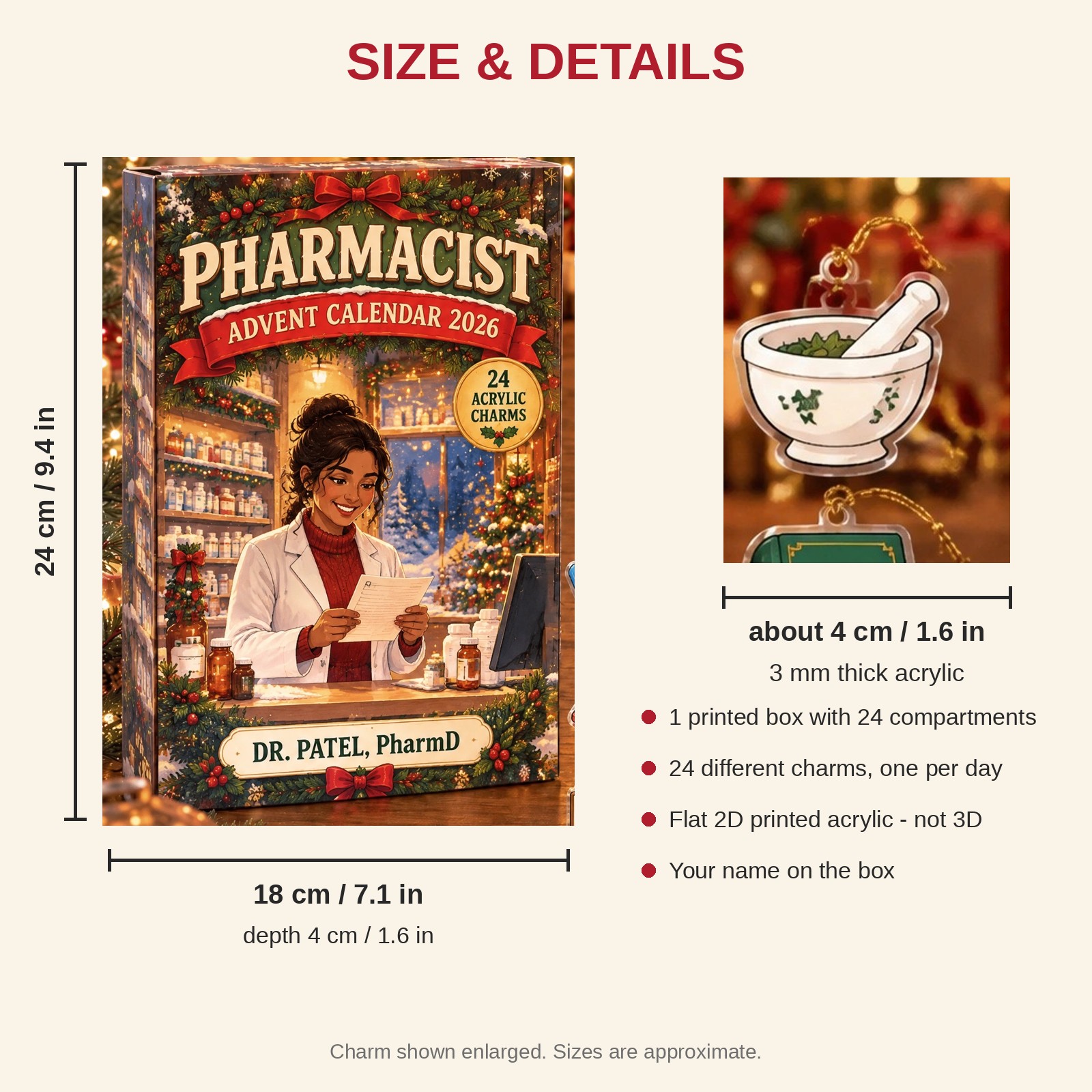 Personalized Pharmacist Essentials advent calendar box with 24 flat acrylic Christmas charms: box and charm sizes