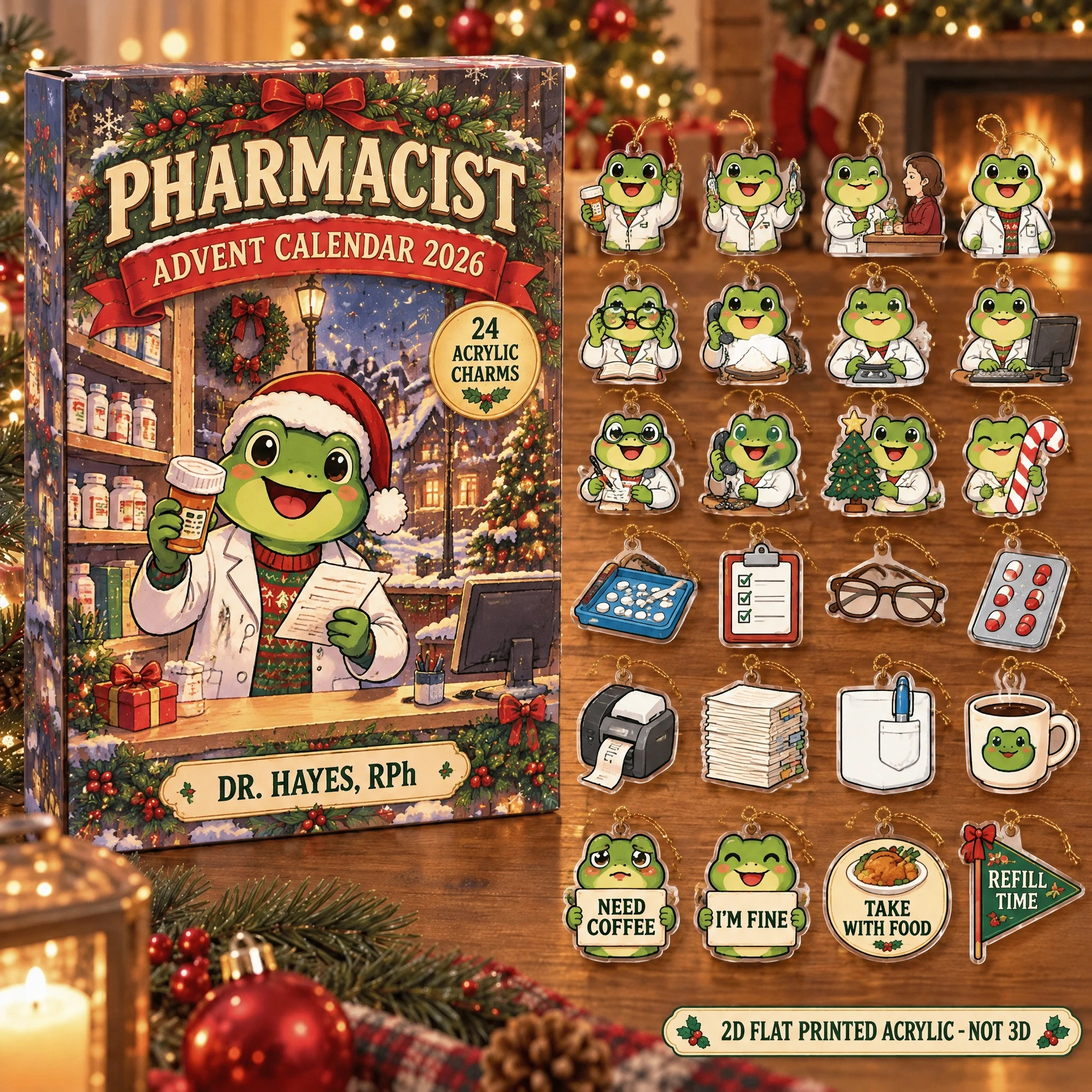 Personalized Pharmacist Frog advent calendar box with 24 flat acrylic Christmas charms