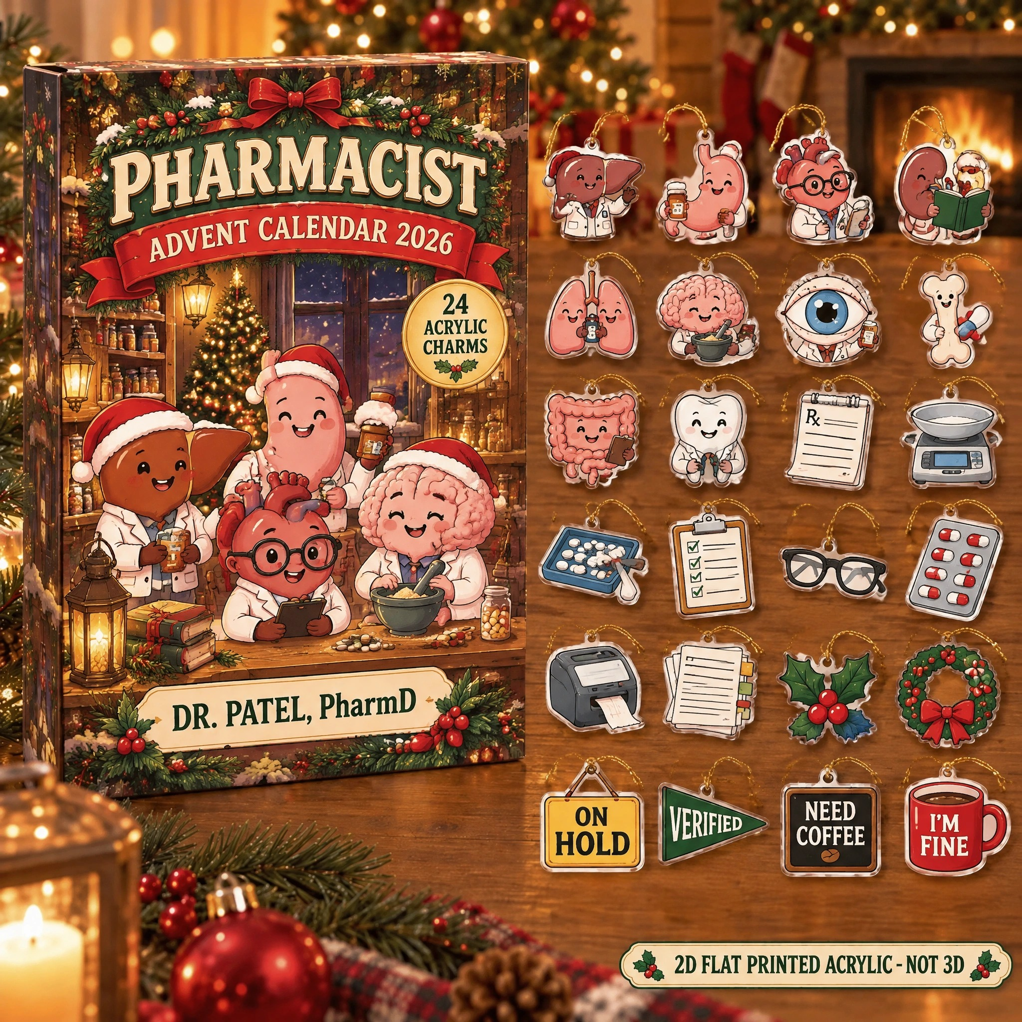 Personalized Funny Anatomy Pharmacist advent calendar box with 24 flat acrylic Christmas charms