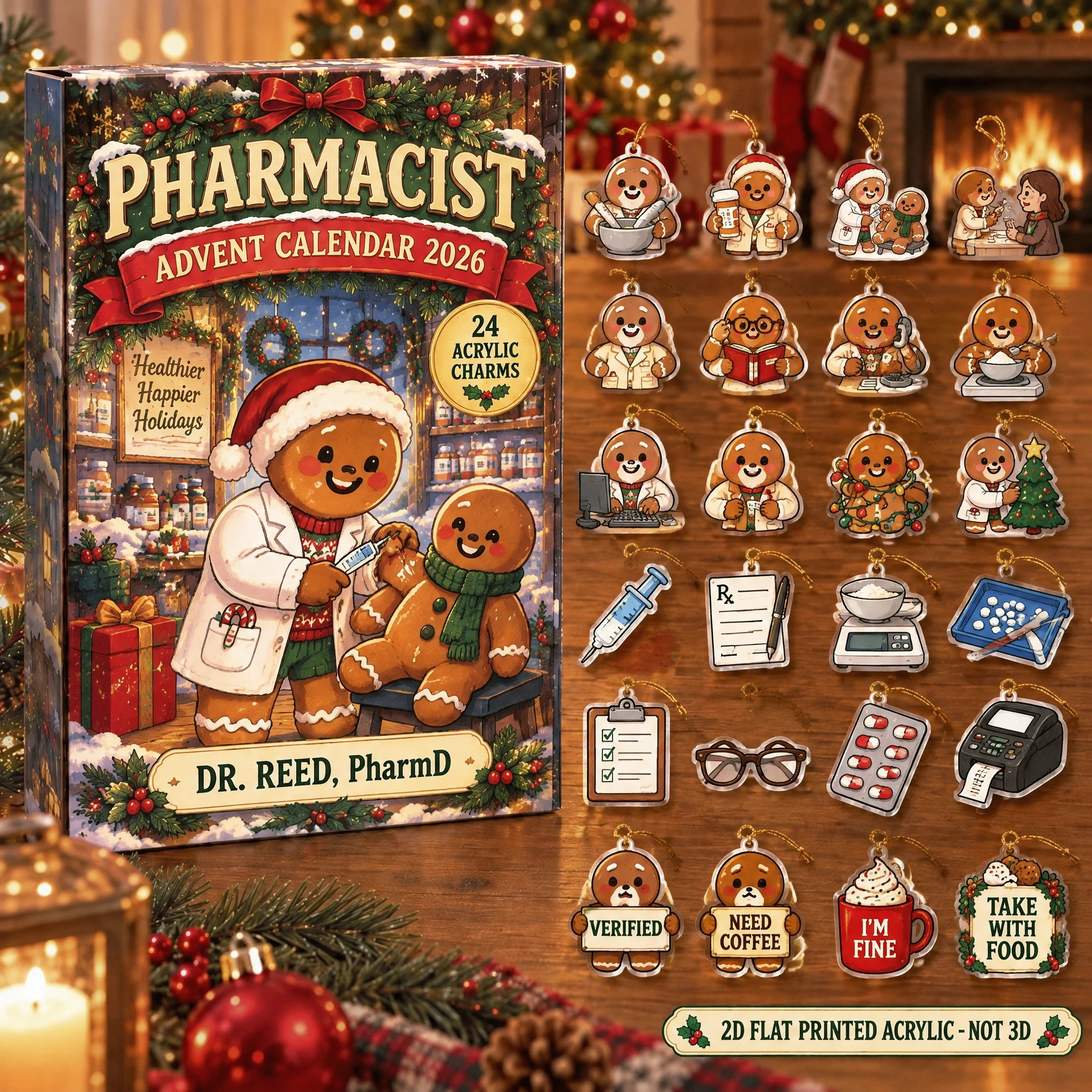 Personalized Pharmacist Gingerbread advent calendar box with 24 flat acrylic Christmas charms