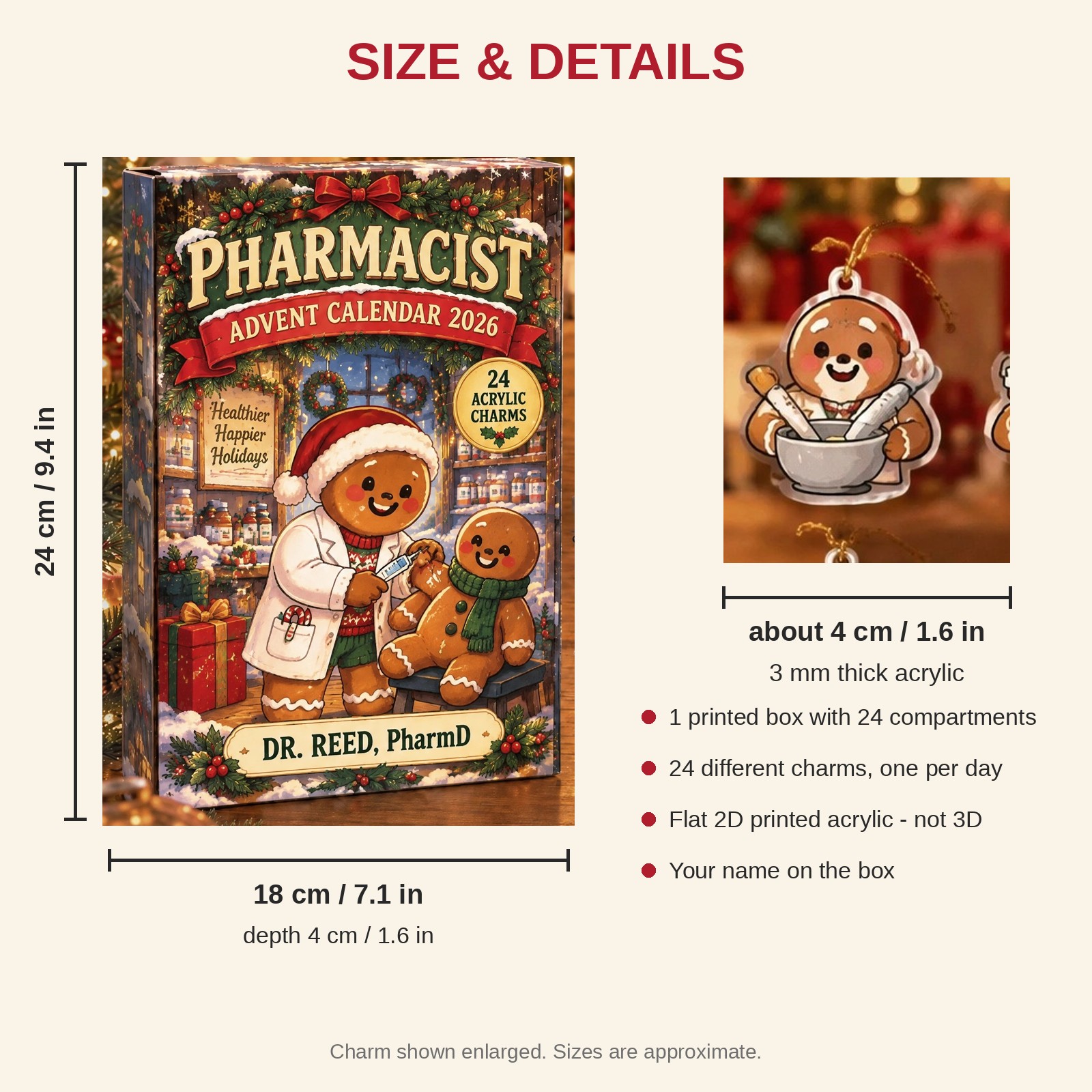 Personalized Pharmacist Gingerbread advent calendar box with 24 flat acrylic Christmas charms: box and charm sizes