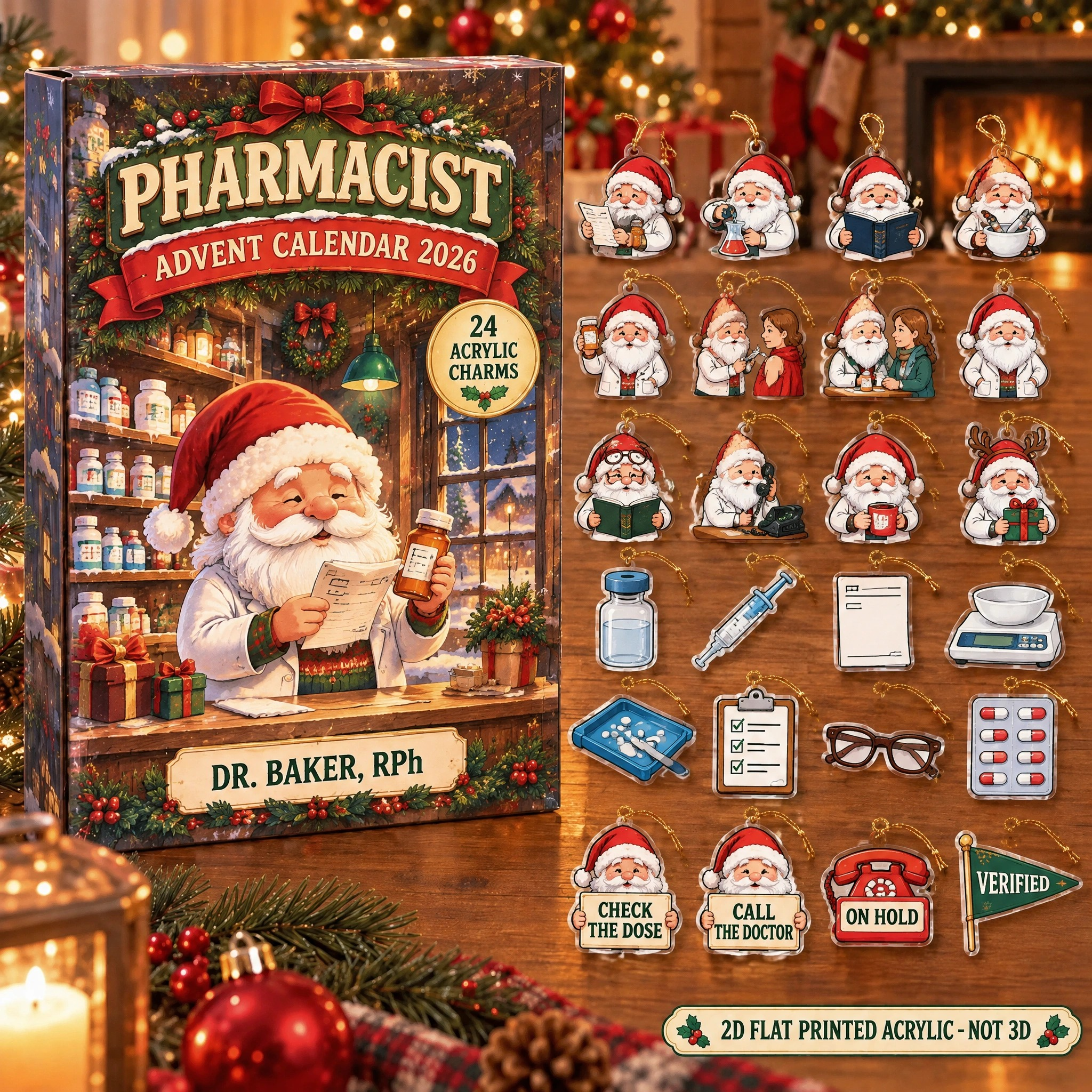 Personalized Pharmacist Gnome advent calendar box with 24 flat acrylic Christmas charms
