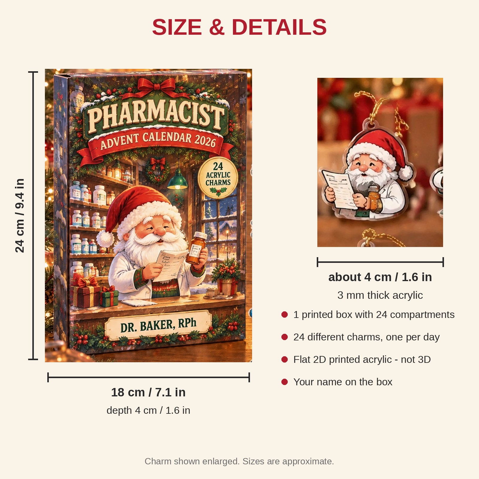 Personalized Pharmacist Gnome advent calendar box with 24 flat acrylic Christmas charms: box and charm sizes
