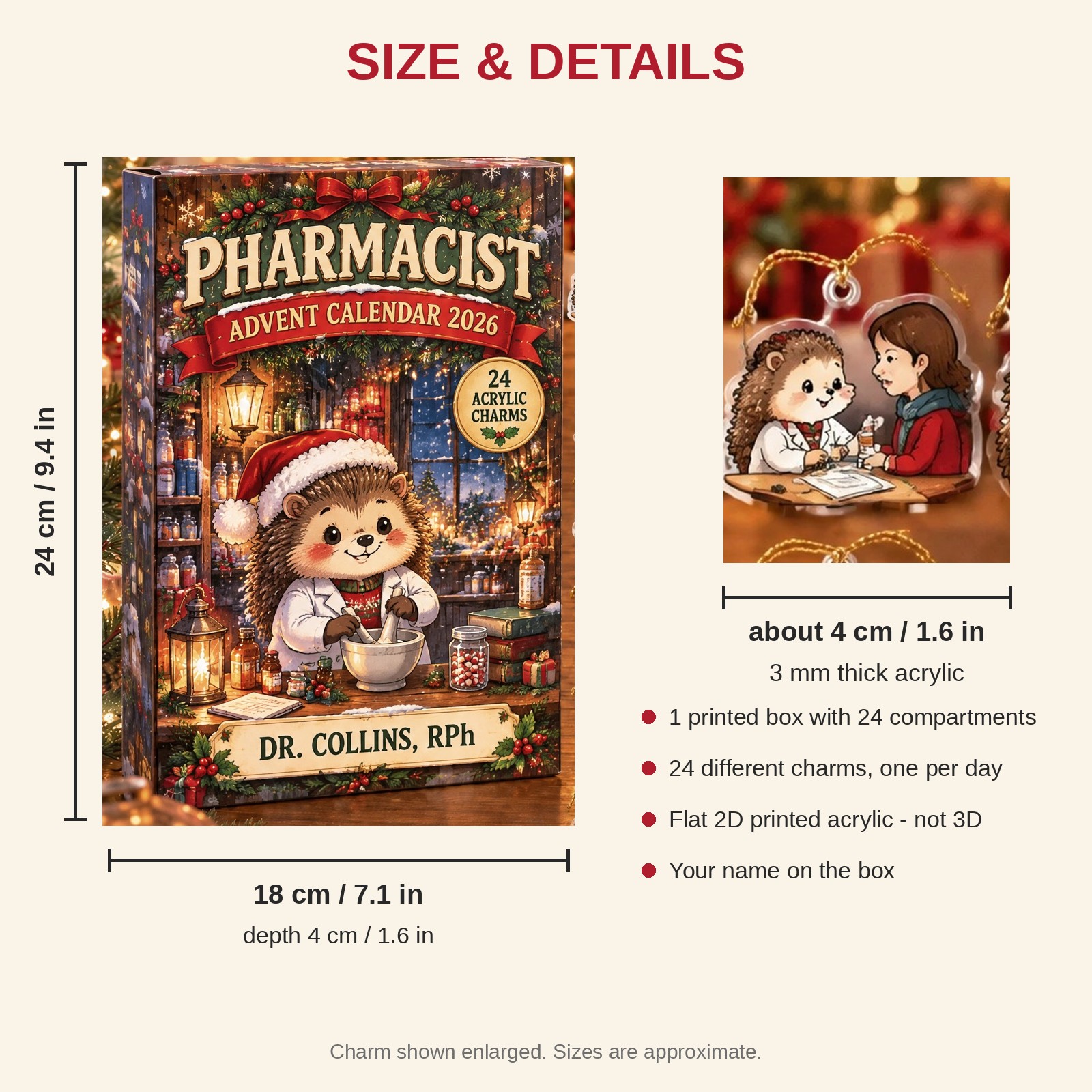 Personalized Pharmacist Hedgehog advent calendar box with 24 flat acrylic Christmas charms: box and charm sizes