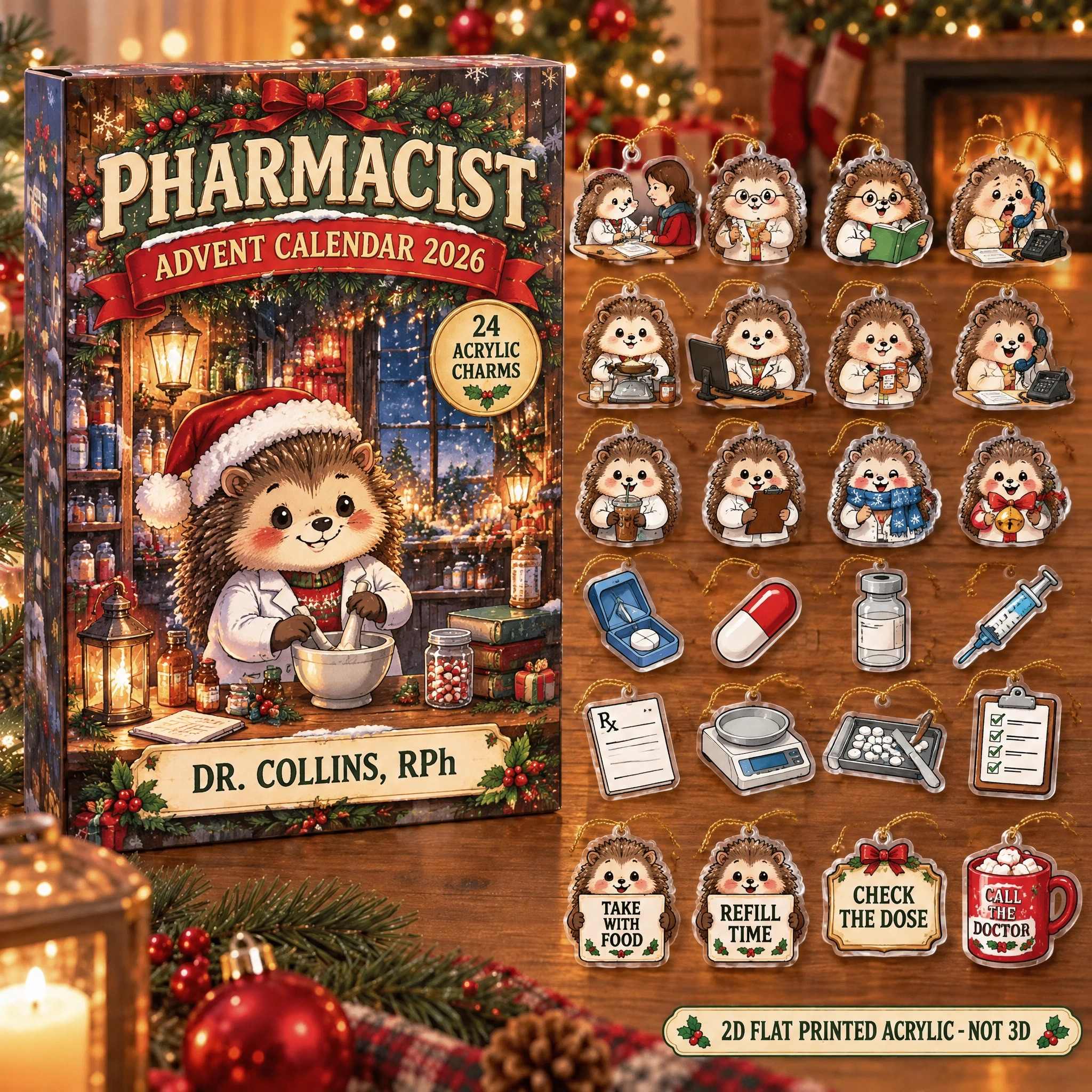 Personalized Pharmacist Hedgehog advent calendar box with 24 flat acrylic Christmas charms
