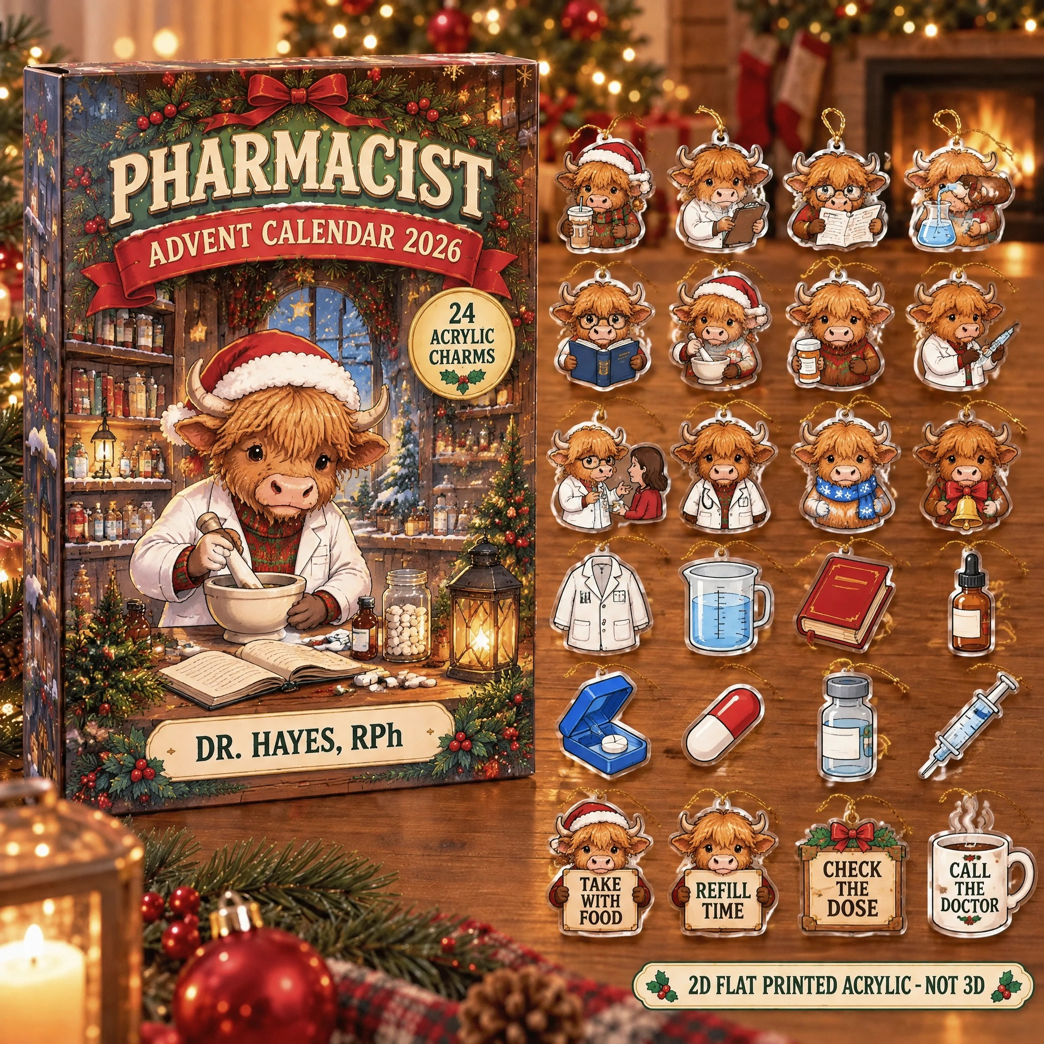 Personalized Pharmacist Highland Cow advent calendar box with 24 flat acrylic Christmas charms
