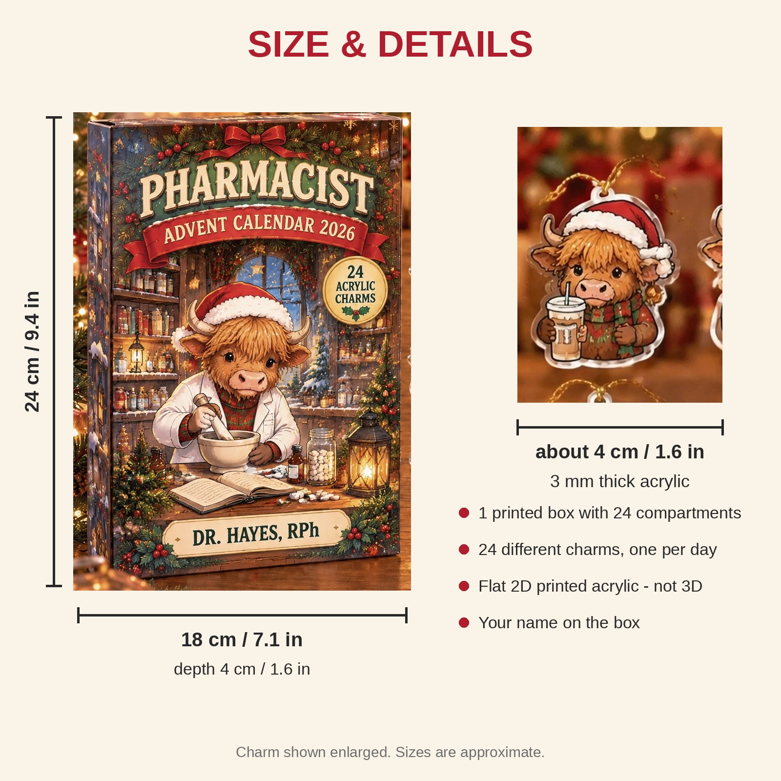 Personalized Pharmacist Highland Cow advent calendar box with 24 flat acrylic Christmas charms: box and charm sizes