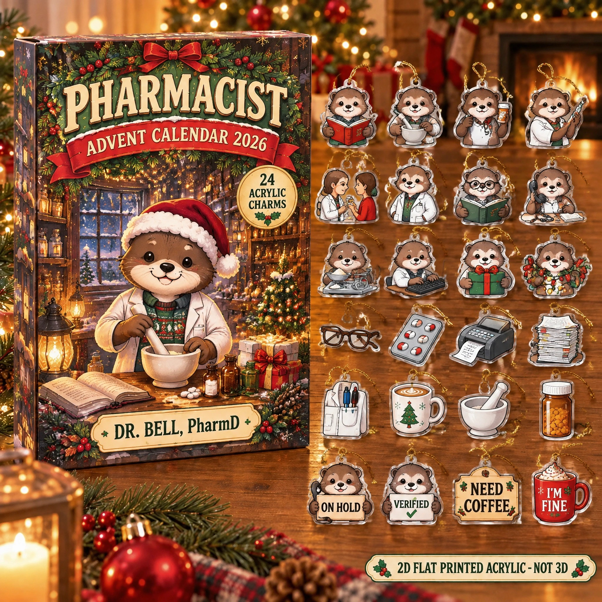 Personalized Pharmacist Otter advent calendar box with 24 flat acrylic Christmas charms