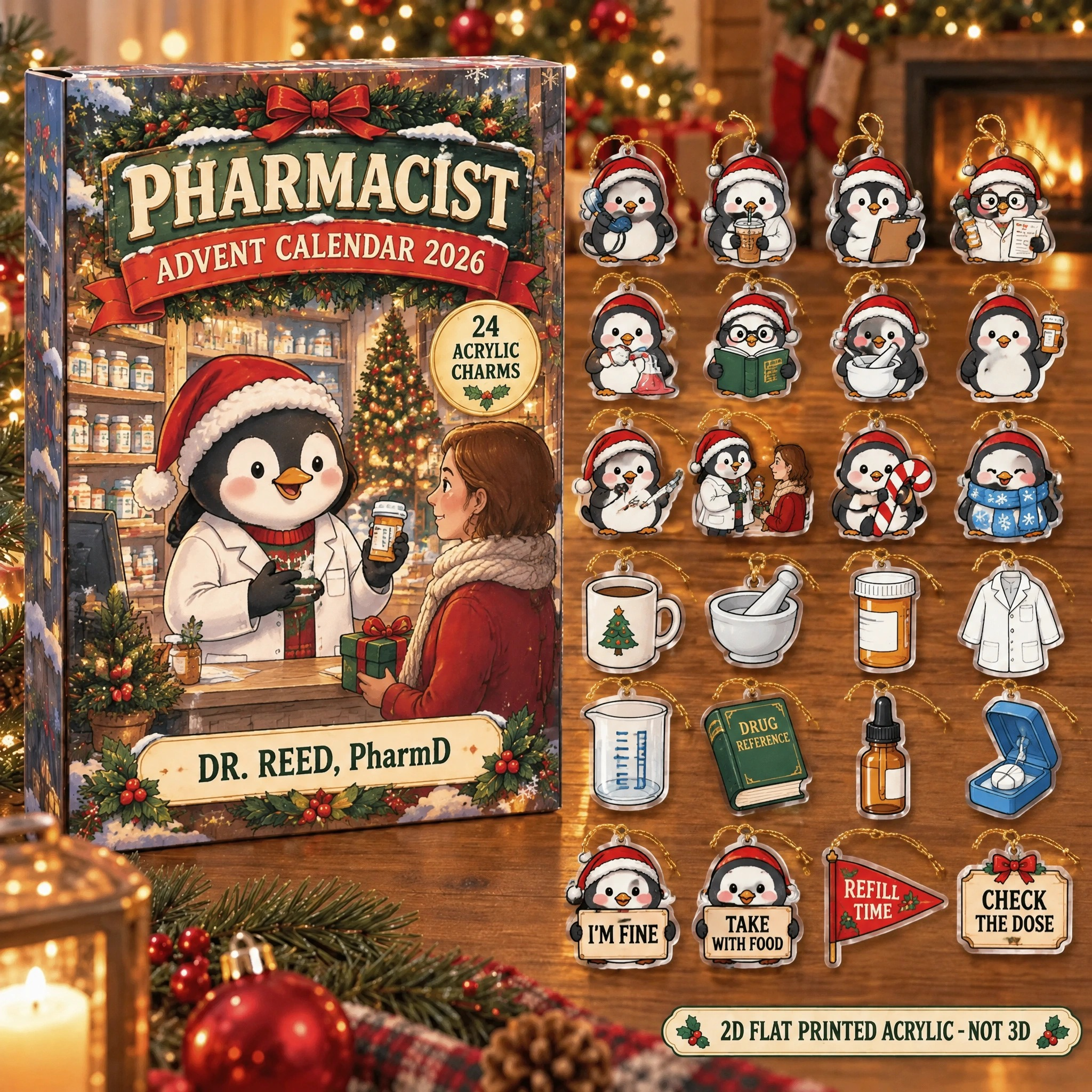 Personalized Pharmacist Penguin advent calendar box with 24 flat acrylic Christmas charms