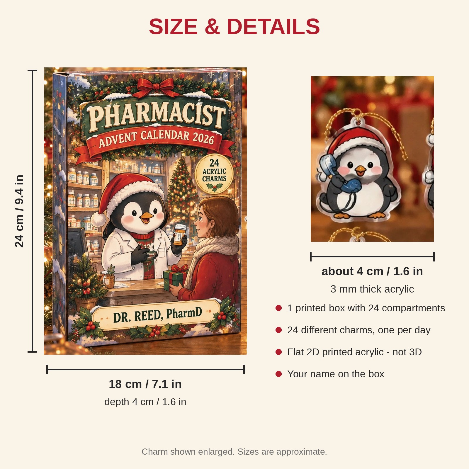 Personalized Pharmacist Penguin advent calendar box with 24 flat acrylic Christmas charms: box and charm sizes