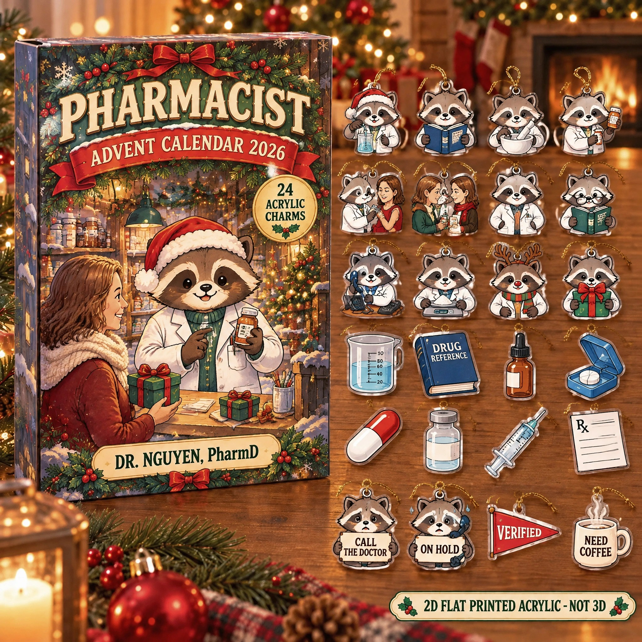 Personalized Pharmacist Raccoon advent calendar box with 24 flat acrylic Christmas charms