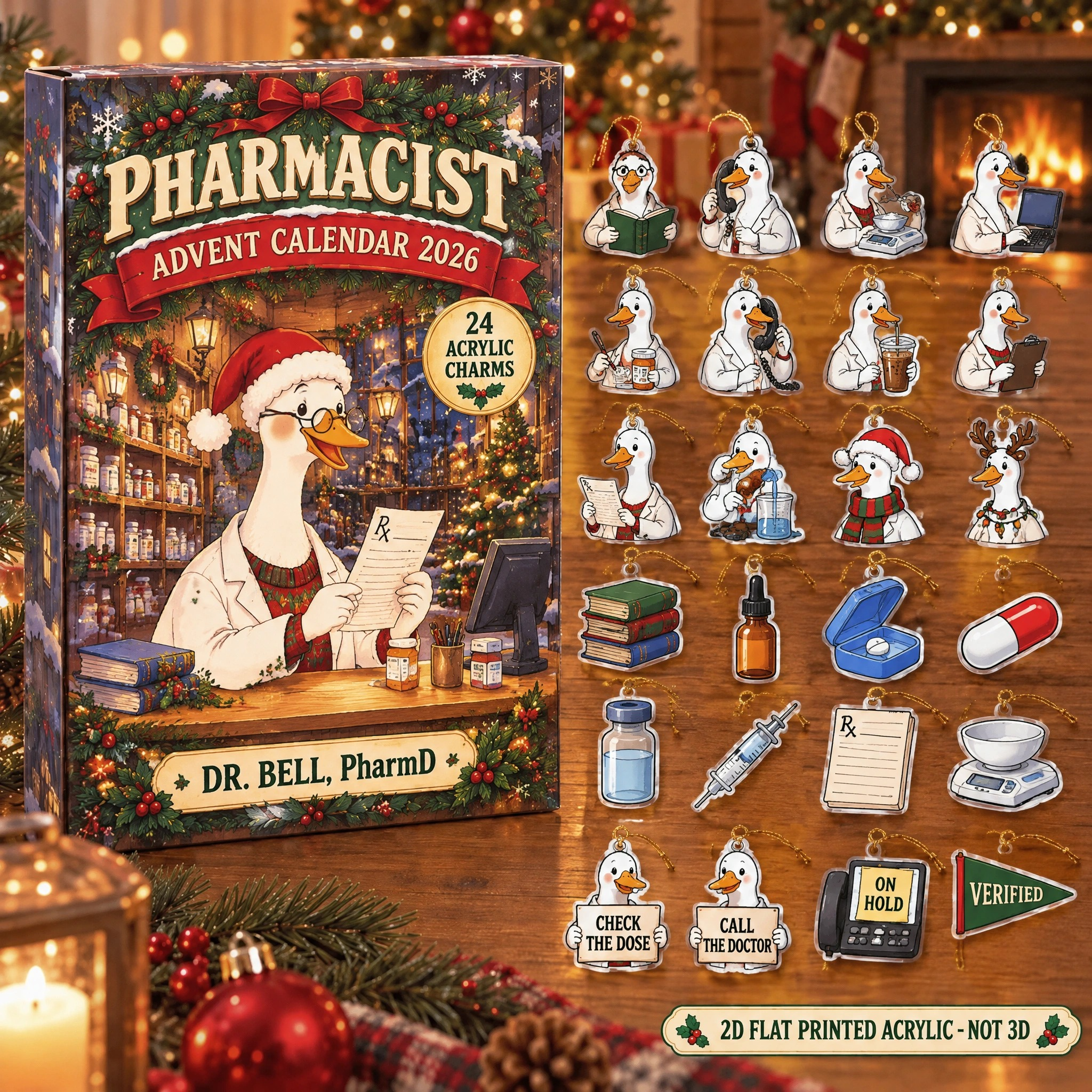 Personalized Pharmacist Silly Goose advent calendar box with 24 flat acrylic Christmas charms