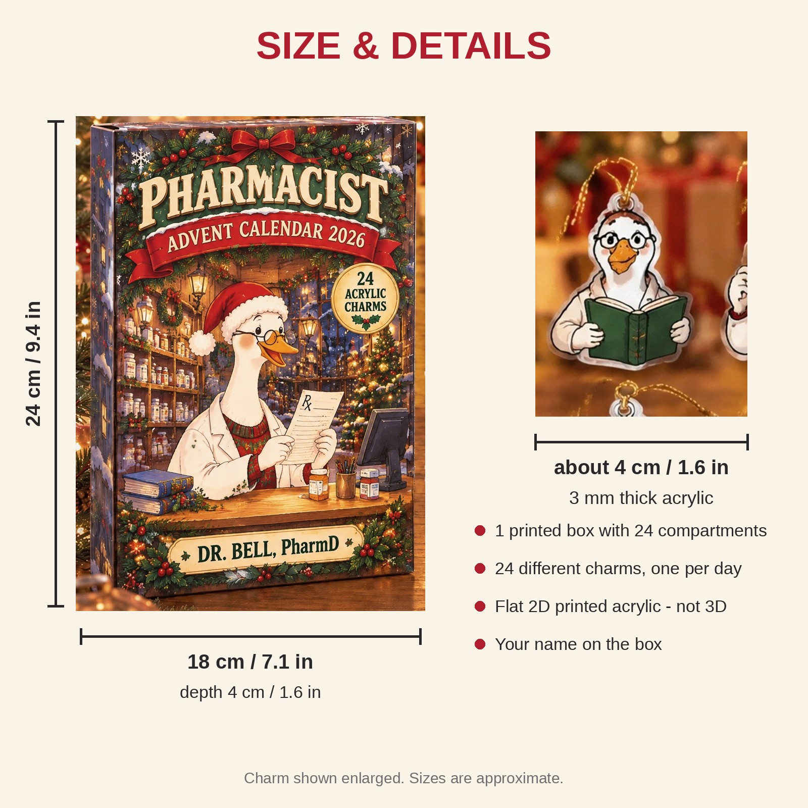 Personalized Pharmacist Silly Goose advent calendar box with 24 flat acrylic Christmas charms: box and charm sizes