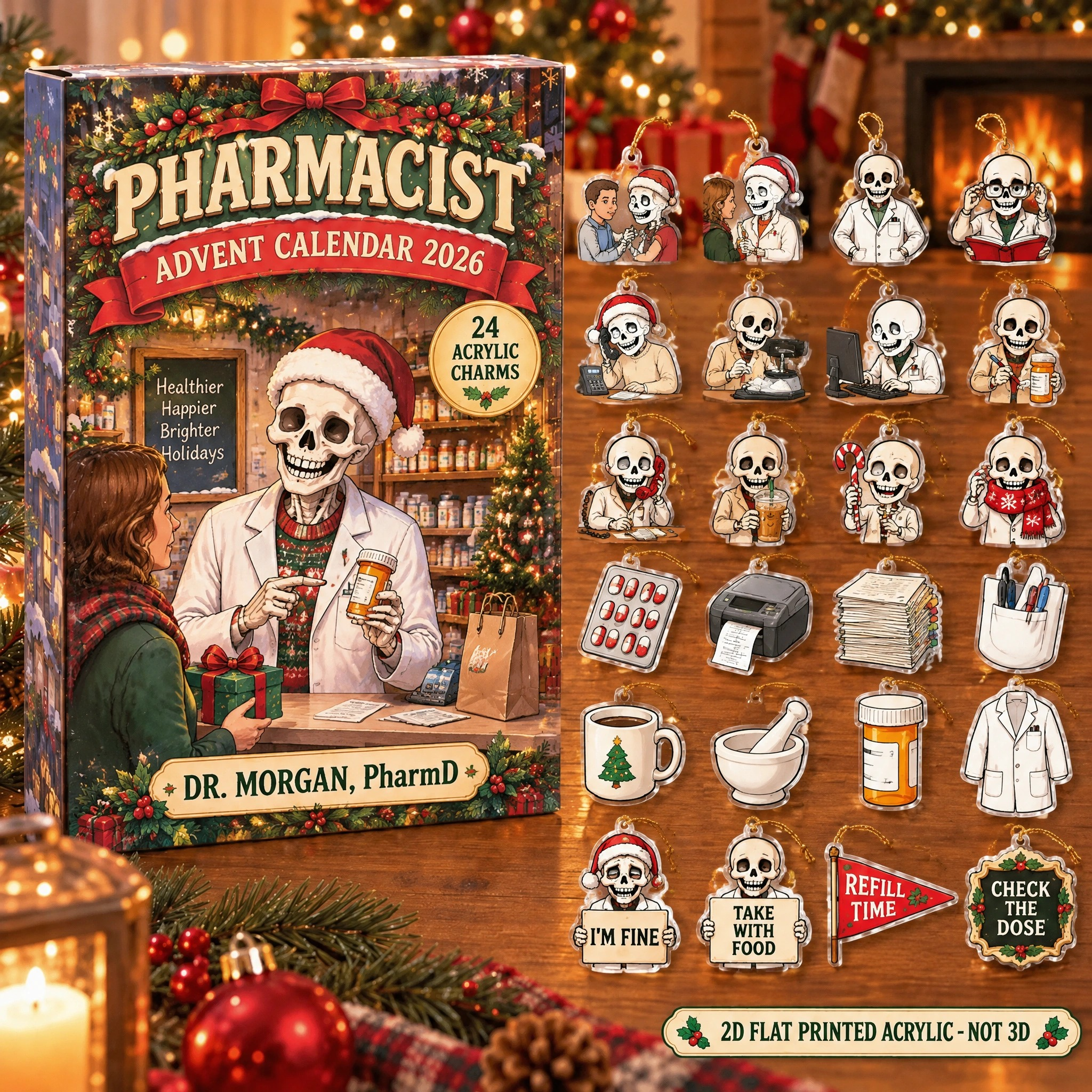 Personalized Pharmacist Skeleton advent calendar box with 24 flat acrylic Christmas charms