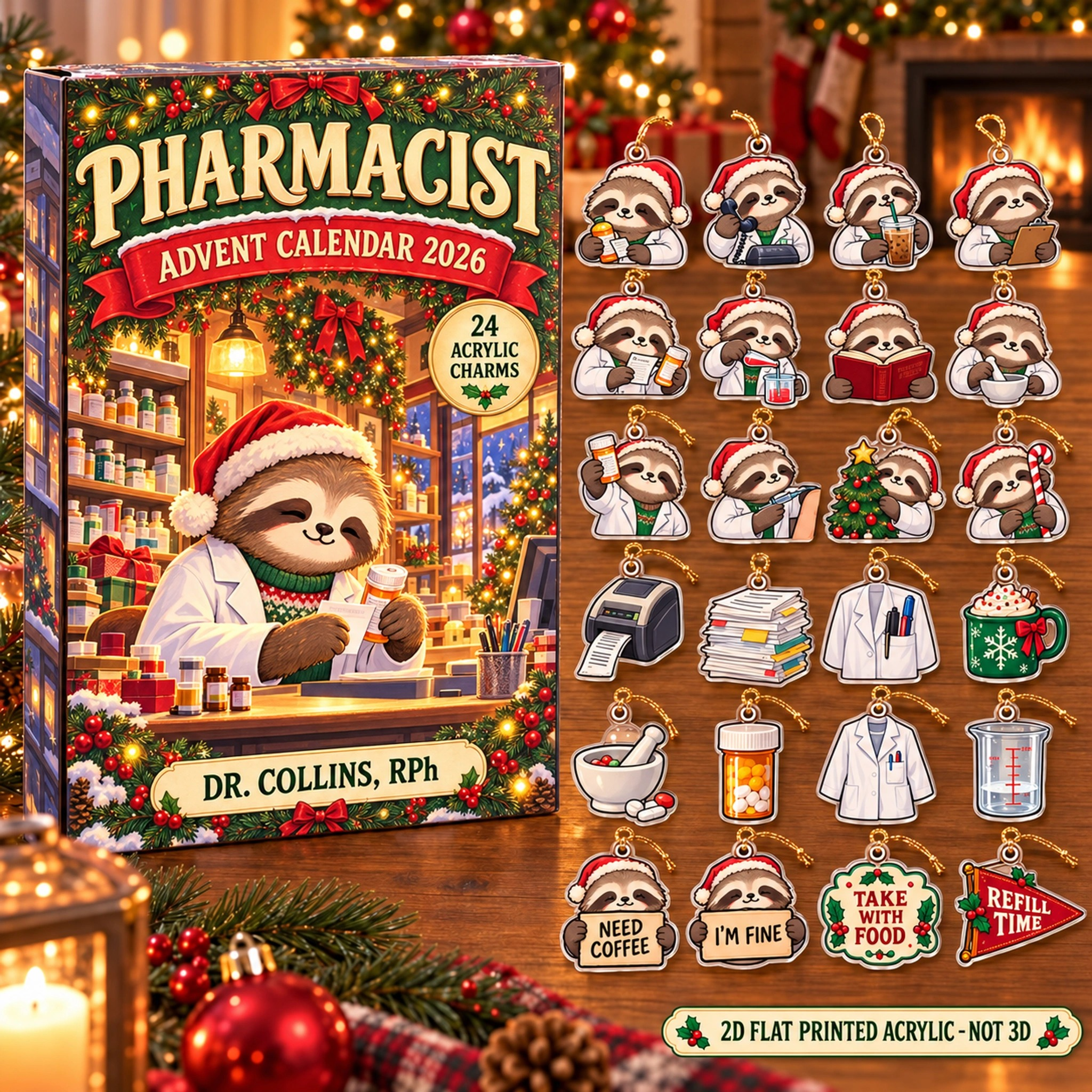 Personalized Pharmacist Sloth advent calendar box with 24 flat acrylic Christmas charms