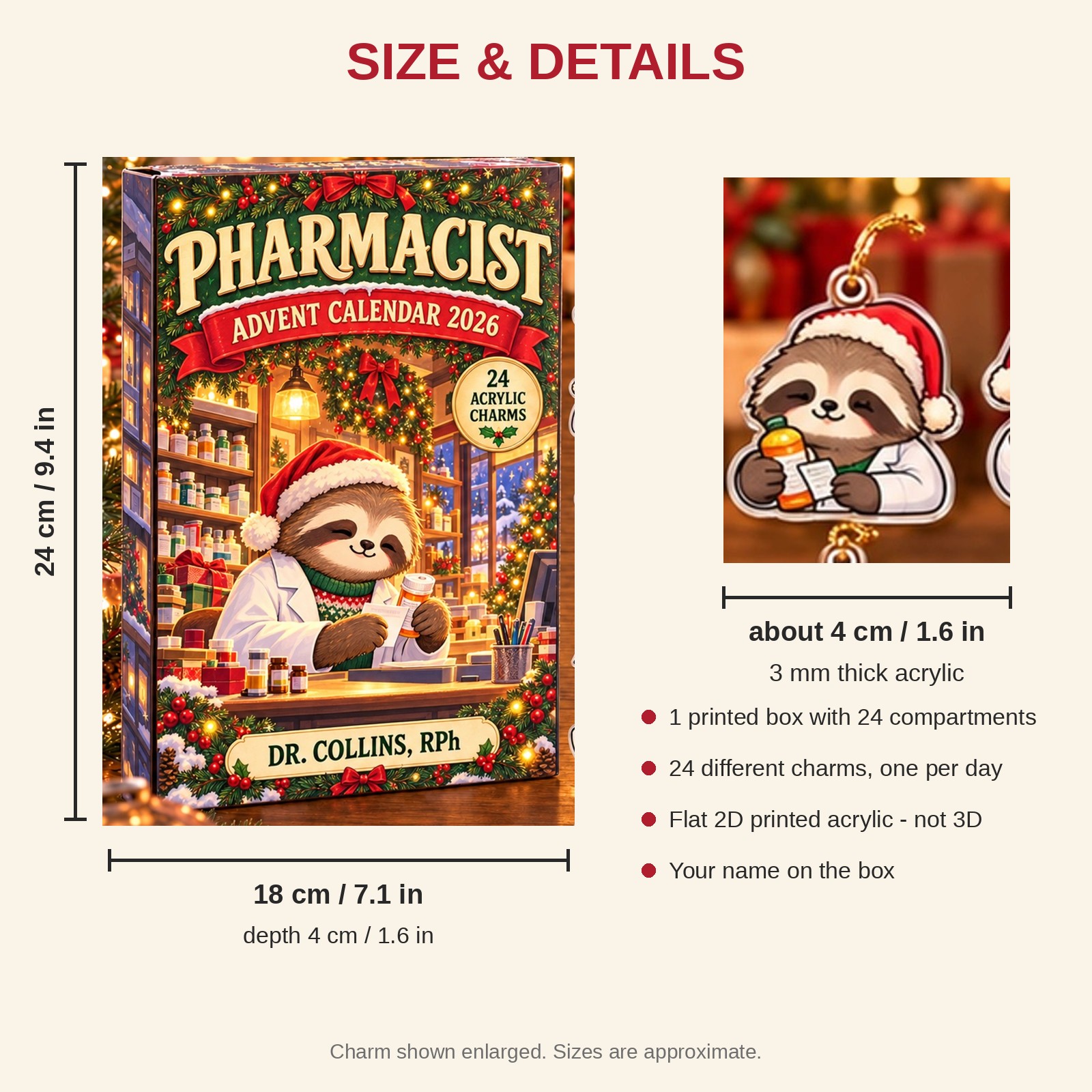 Personalized Pharmacist Sloth advent calendar box with 24 flat acrylic Christmas charms: box and charm sizes