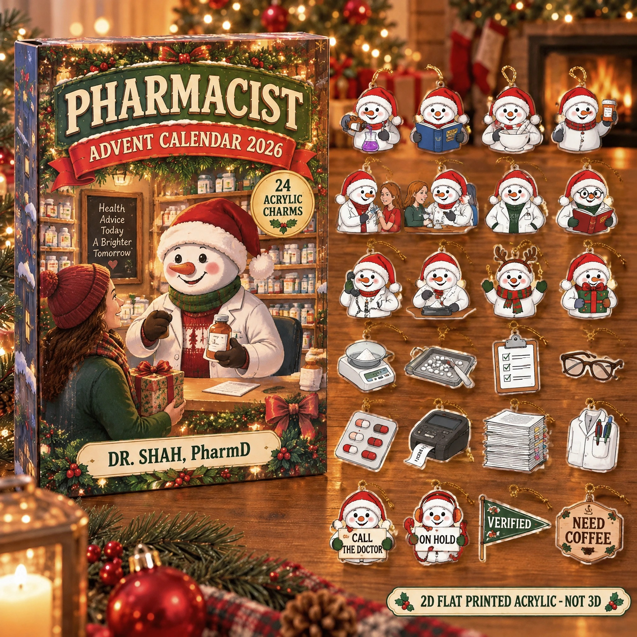 Personalized Pharmacist Snowman advent calendar box with 24 flat acrylic Christmas charms