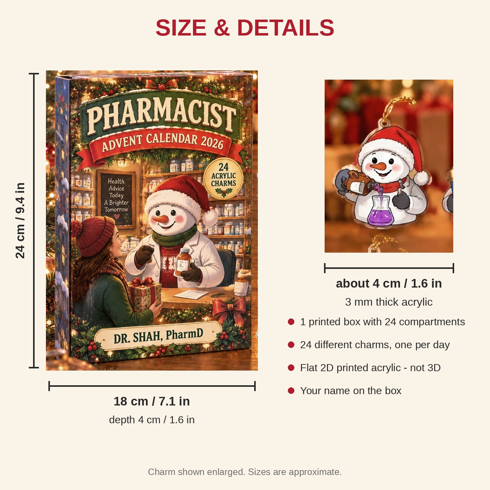 Personalized Pharmacist Snowman advent calendar box with 24 flat acrylic Christmas charms: box and charm sizes