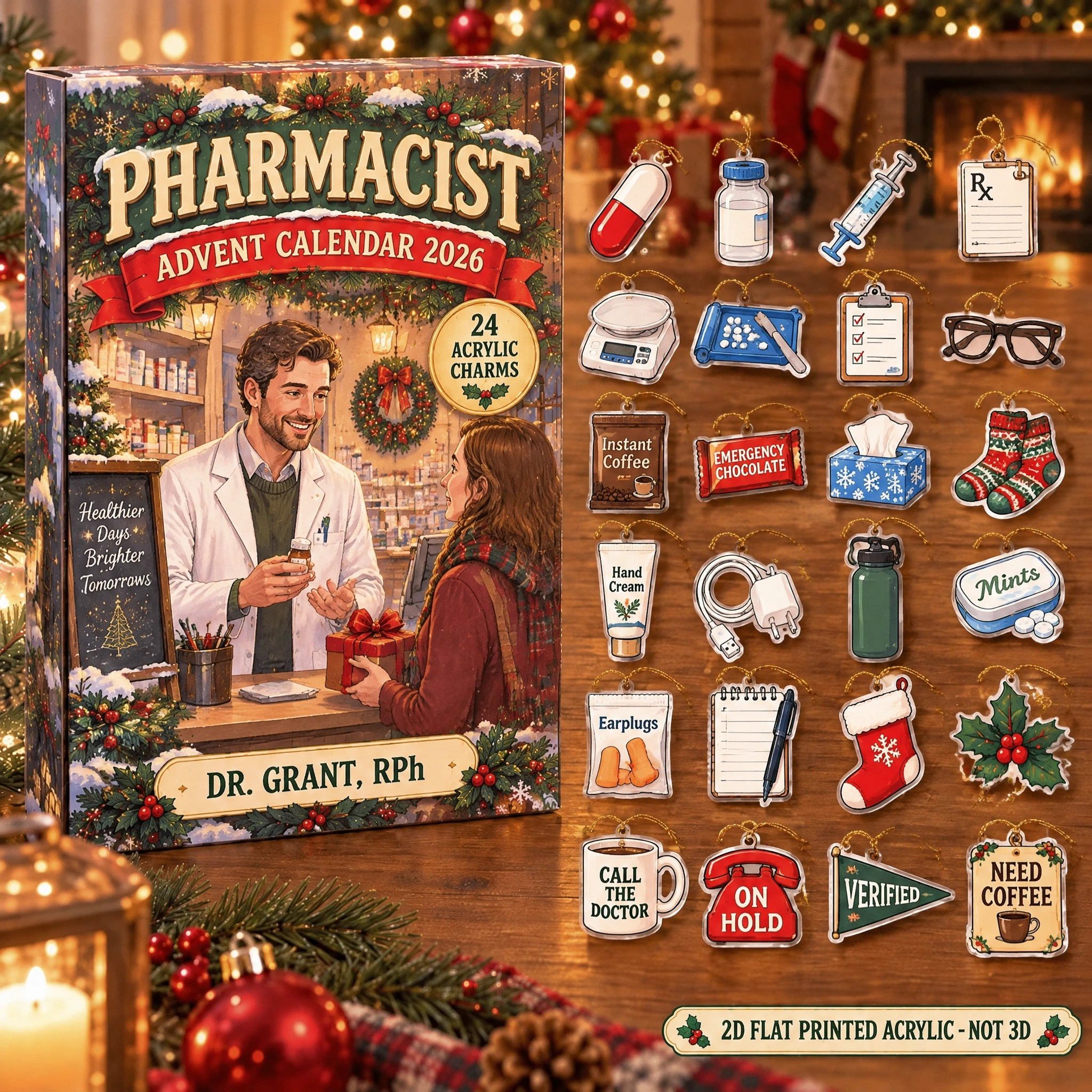 Personalized Pharmacist Survival Kit advent calendar box with 24 flat acrylic Christmas charms