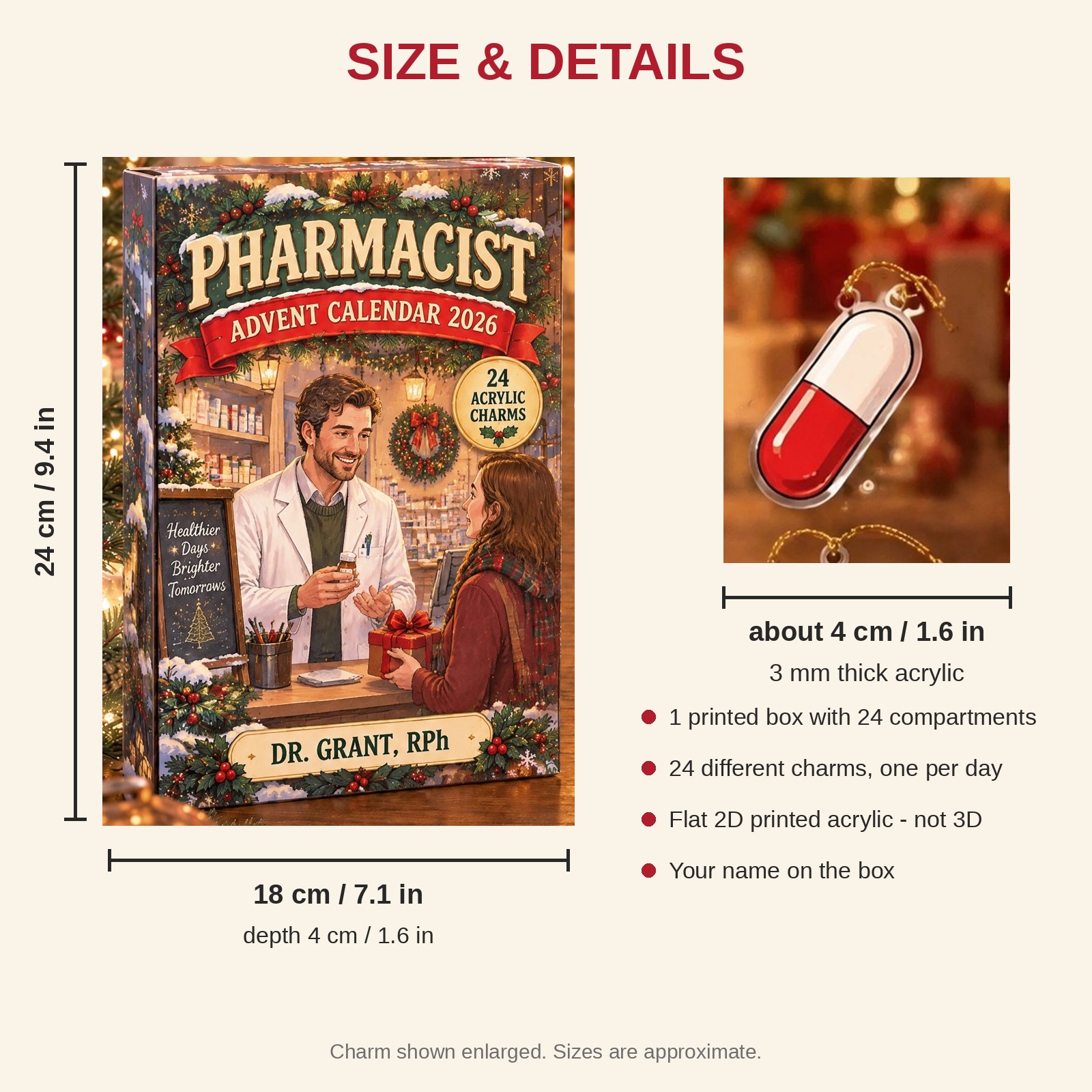 Personalized Pharmacist Survival Kit advent calendar box with 24 flat acrylic Christmas charms: box and charm sizes