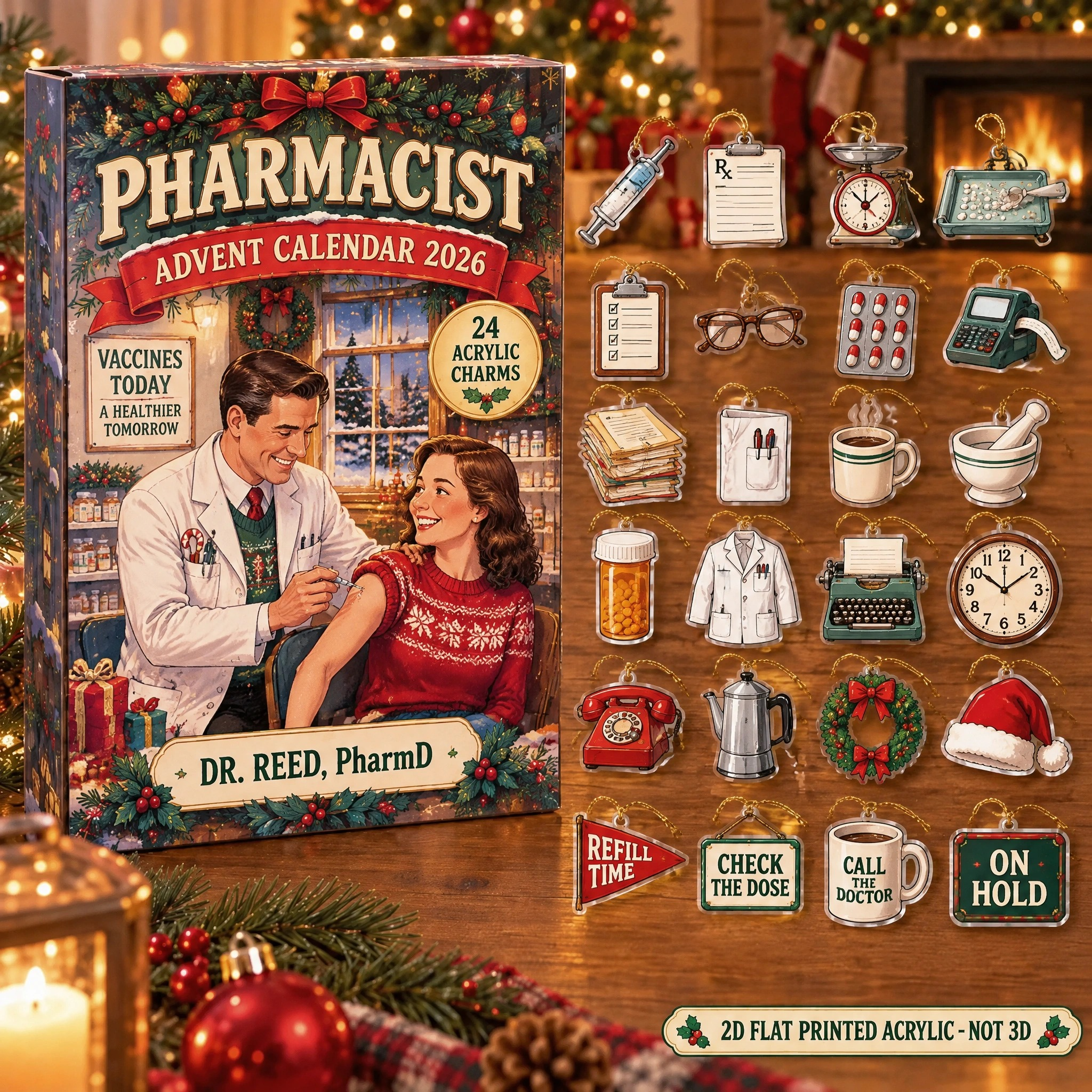 Personalized Vintage Pharmacist advent calendar box with 24 flat acrylic Christmas charms