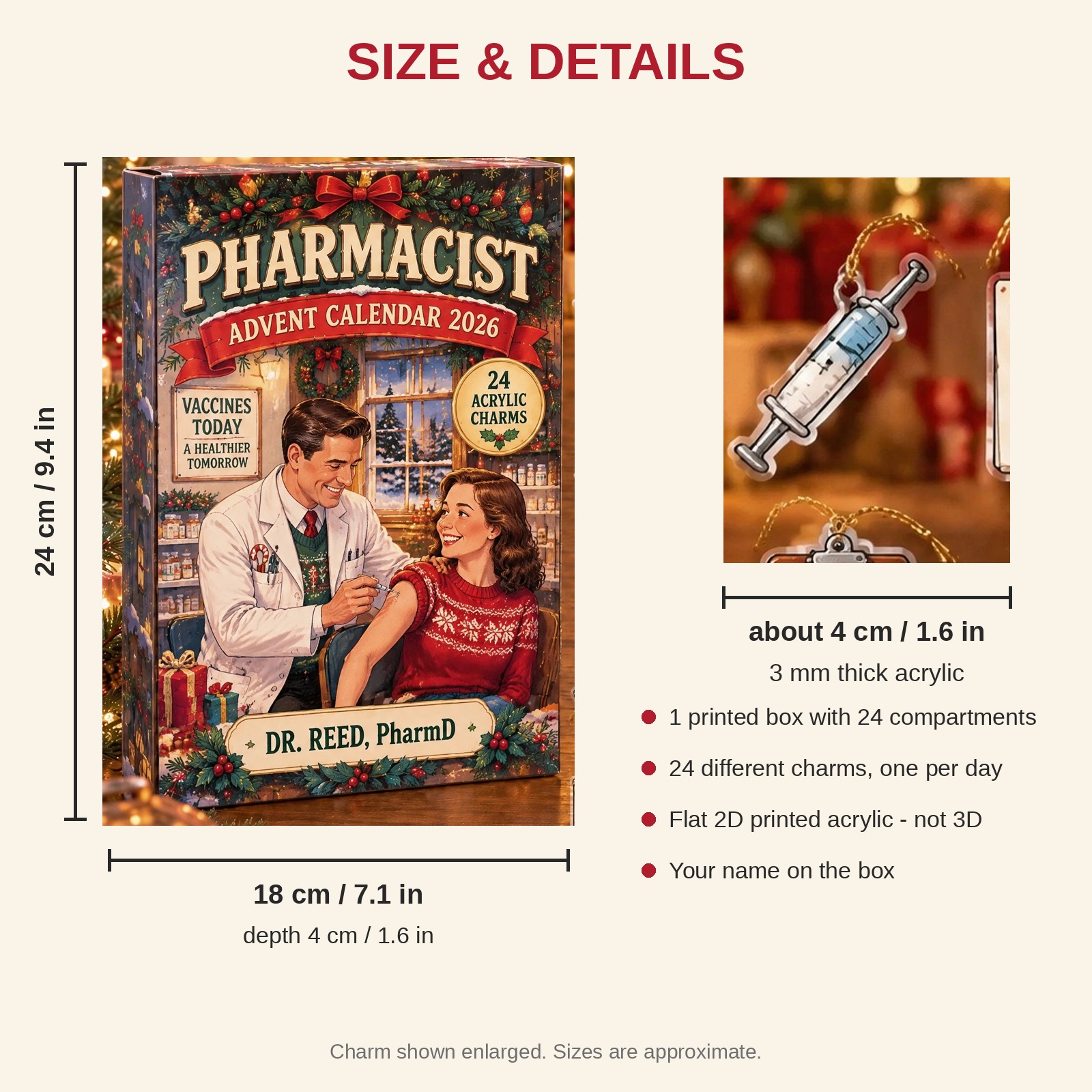 Personalized Vintage Pharmacist advent calendar box with 24 flat acrylic Christmas charms: box and charm sizes