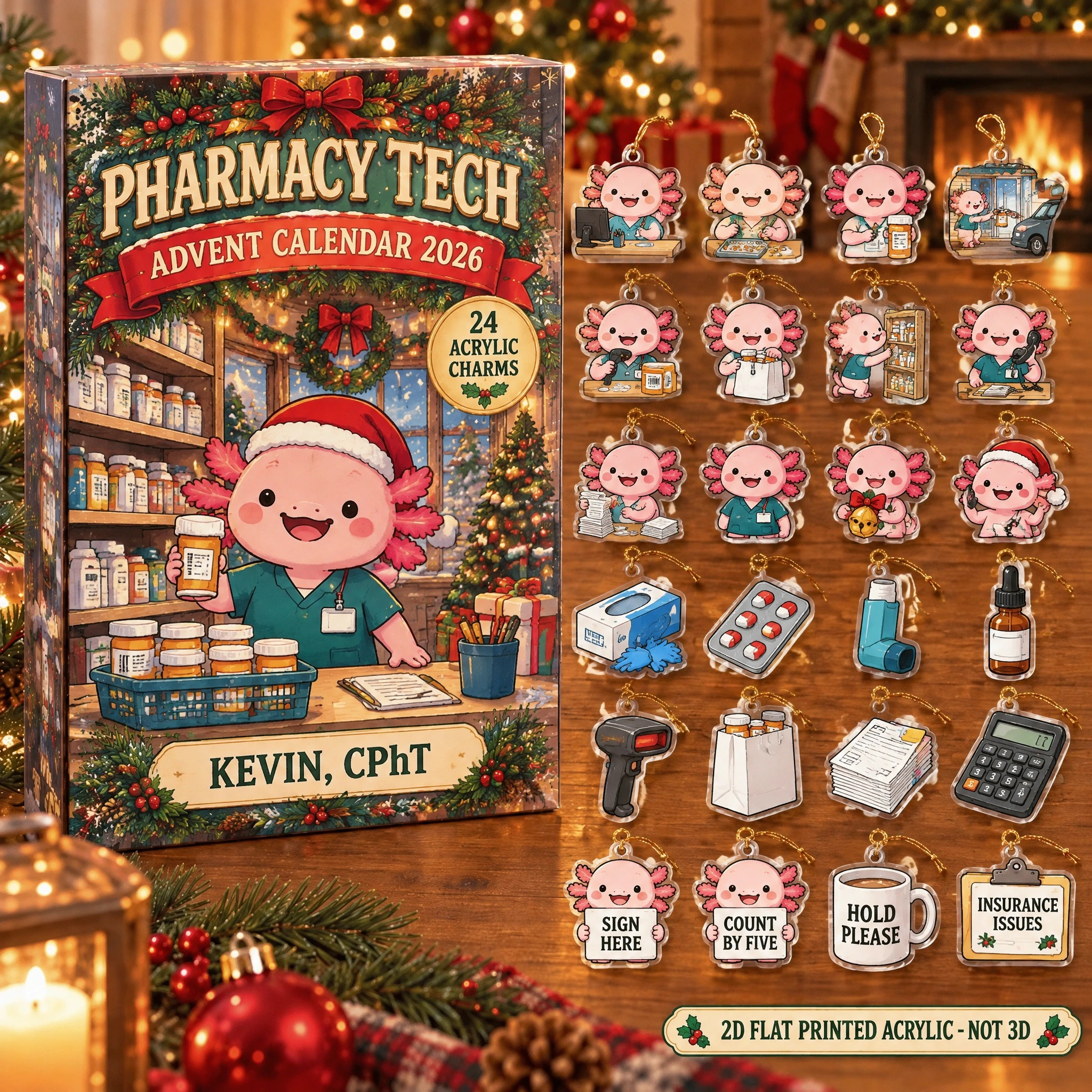 Personalized Pharmacy Tech Axolotl advent calendar box with 24 flat acrylic Christmas charms