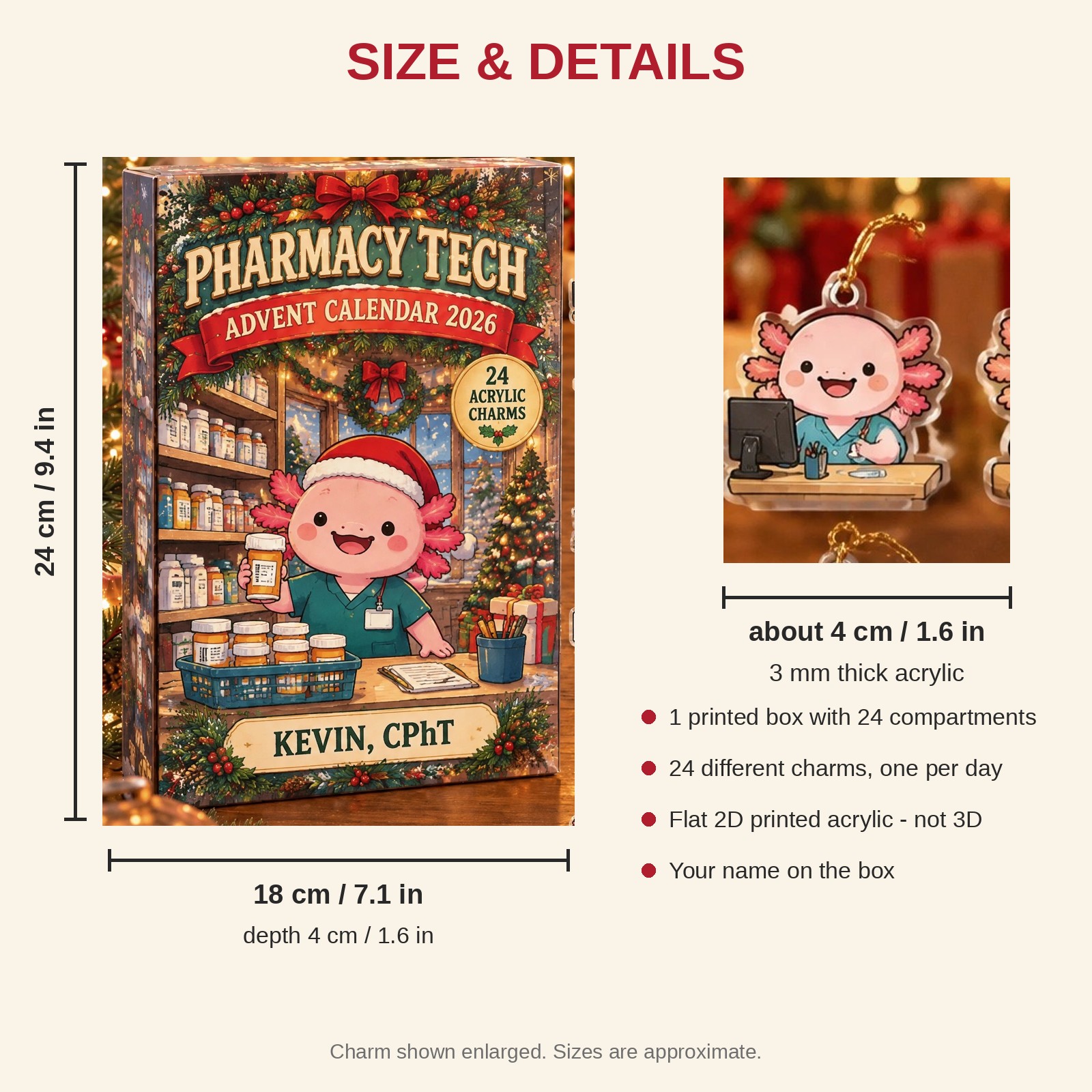 Personalized Pharmacy Tech Axolotl advent calendar box with 24 flat acrylic Christmas charms: box and charm sizes