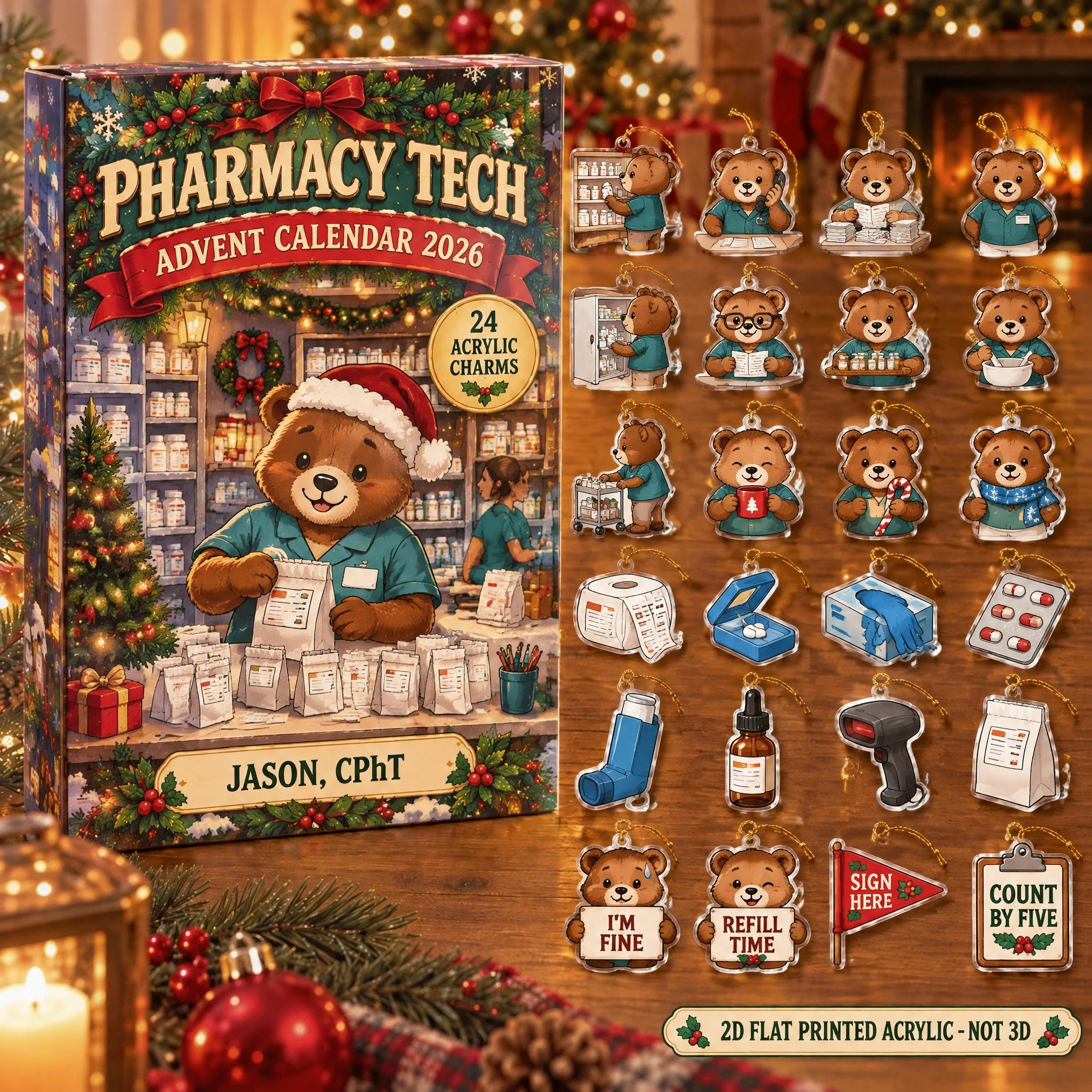 Personalized Pharmacy Tech Bear advent calendar box with 24 flat acrylic Christmas charms