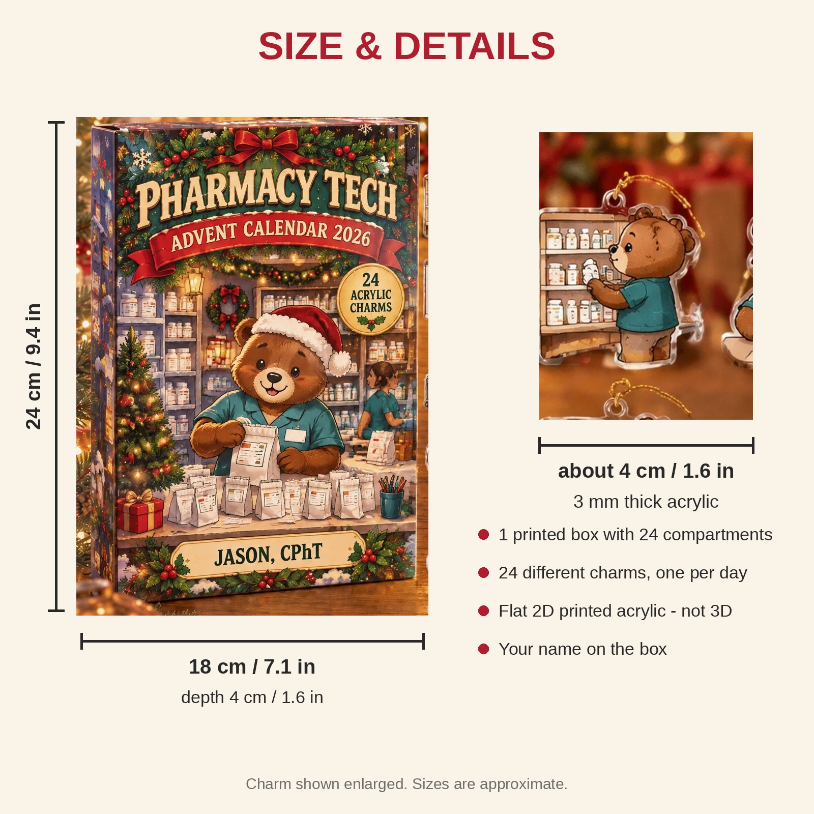 Personalized Pharmacy Tech Bear advent calendar box with 24 flat acrylic Christmas charms: box and charm sizes