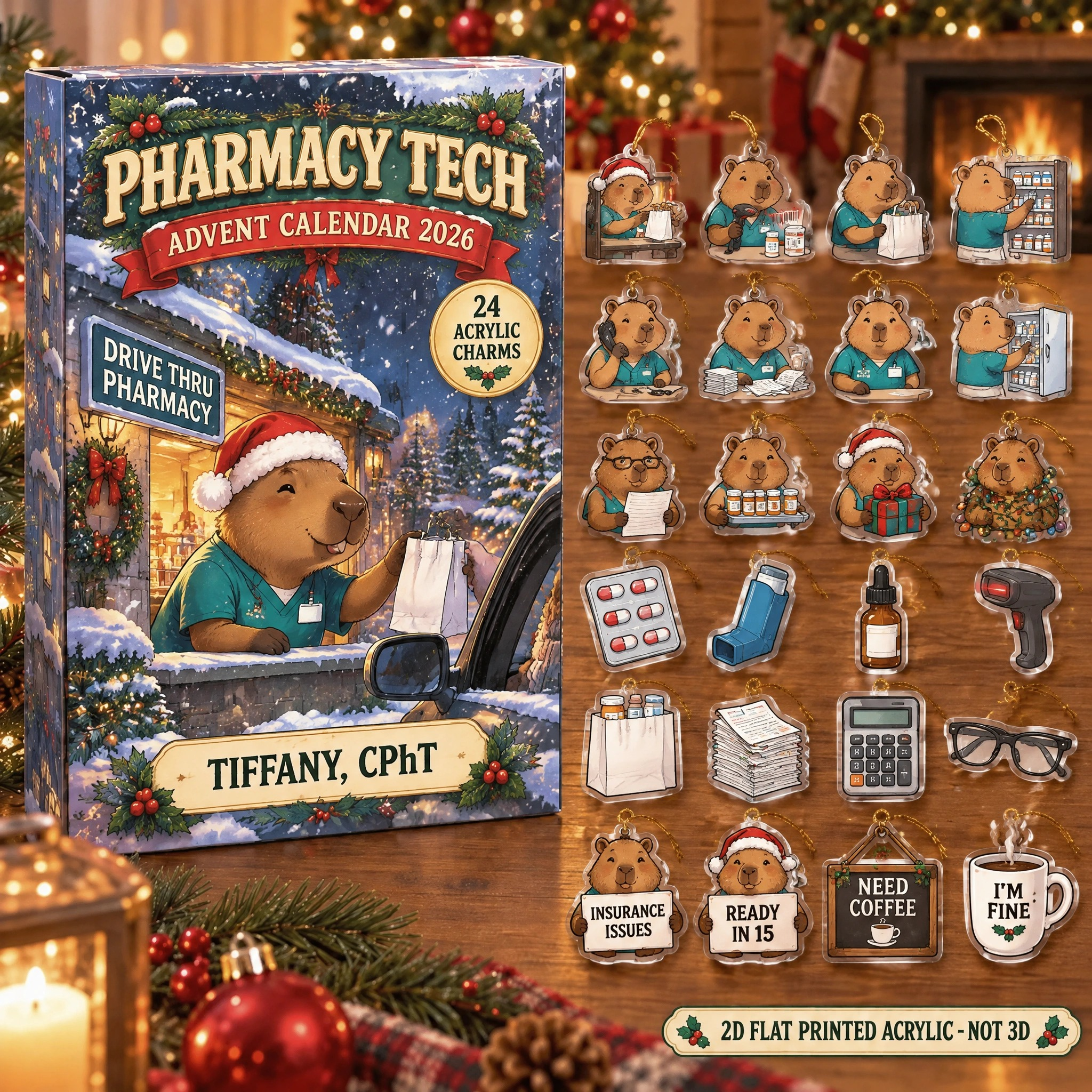 Personalized Pharmacy Tech Capybara advent calendar box with 24 flat acrylic Christmas charms
