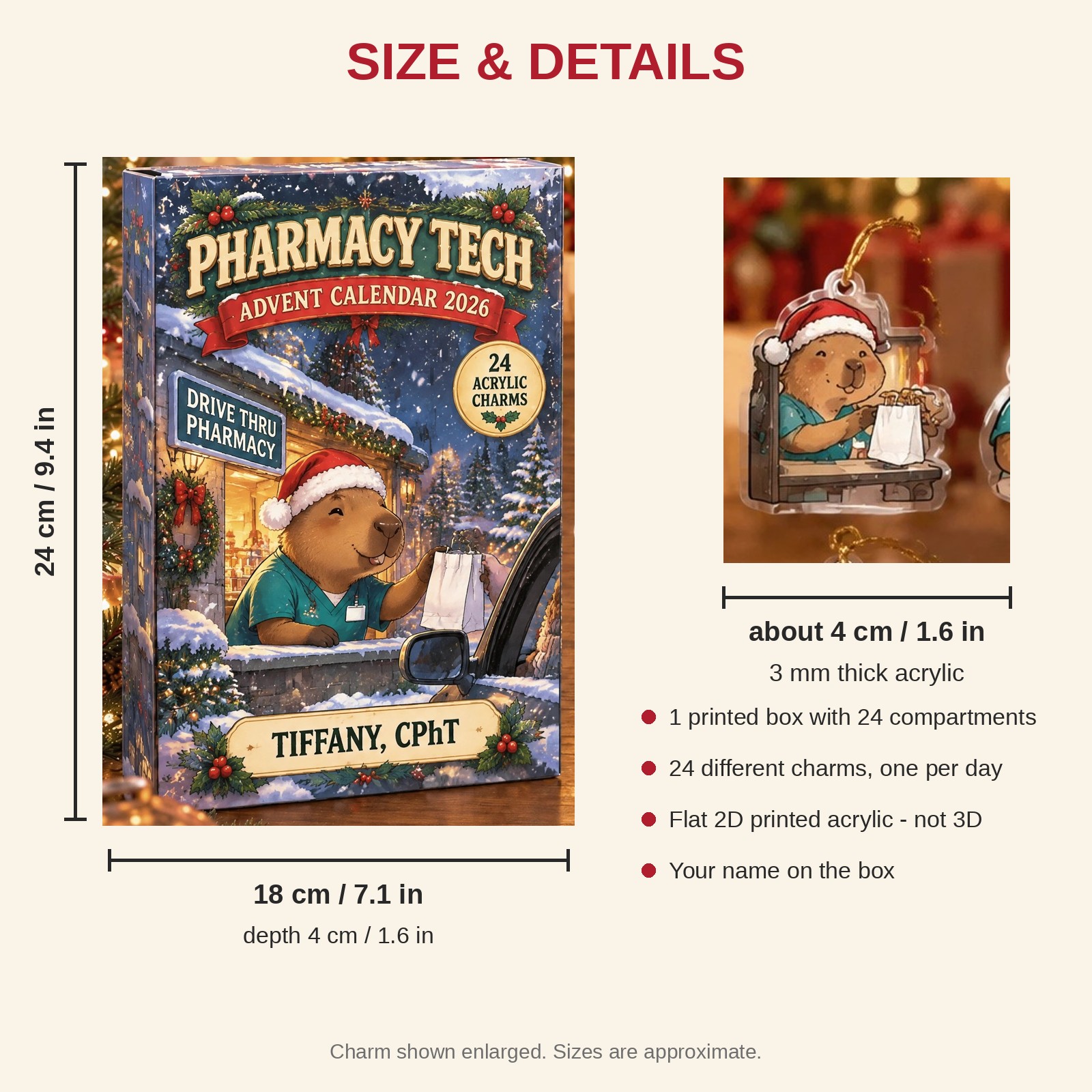 Personalized Pharmacy Tech Capybara advent calendar box with 24 flat acrylic Christmas charms: box and charm sizes