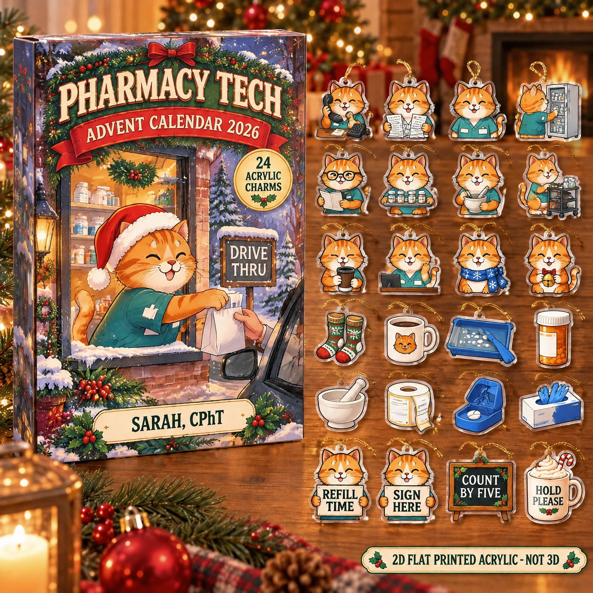 Personalized Pharmacy Tech Cat advent calendar box with 24 flat acrylic Christmas charms