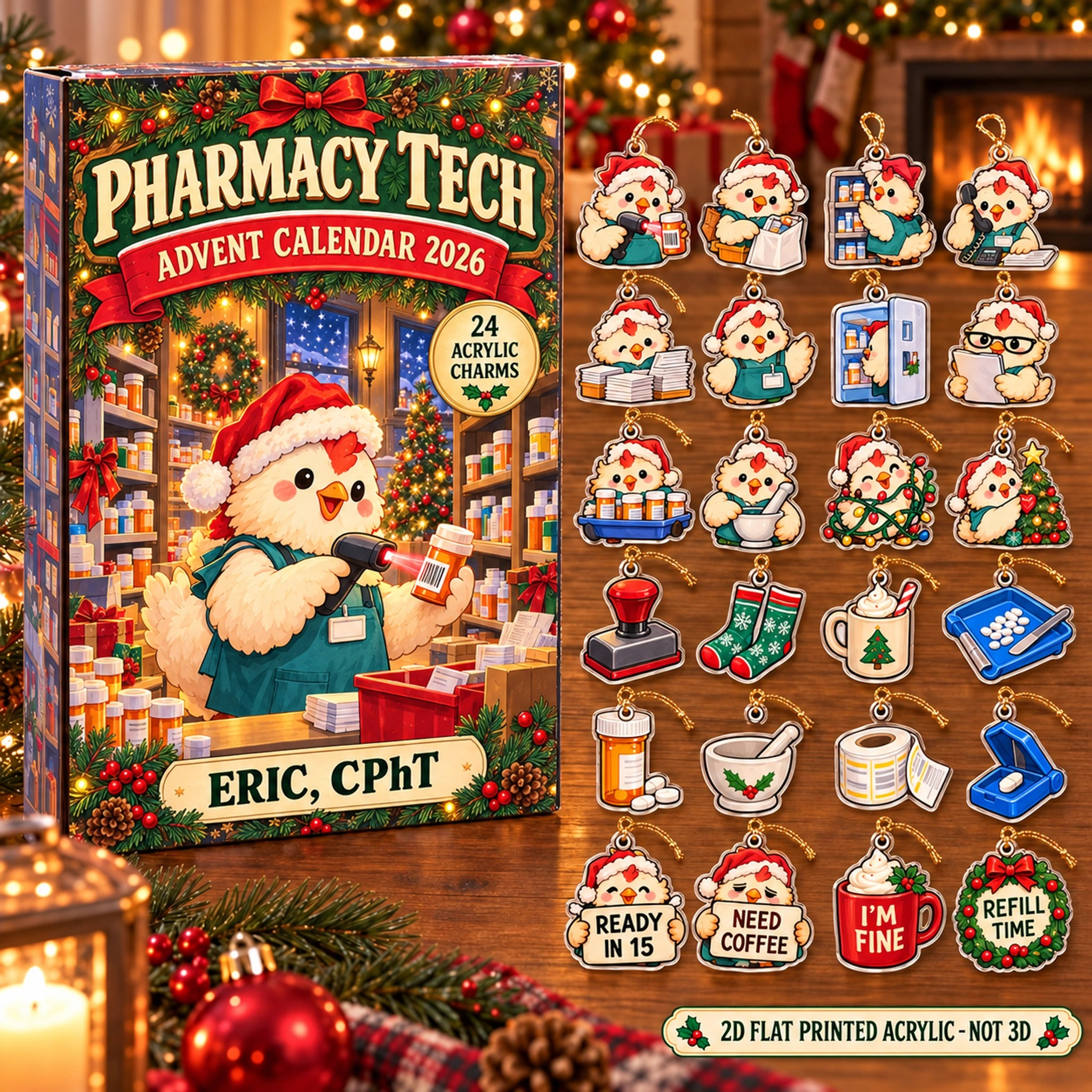 Personalized Pharmacy Tech Chicken advent calendar box with 24 flat acrylic Christmas charms