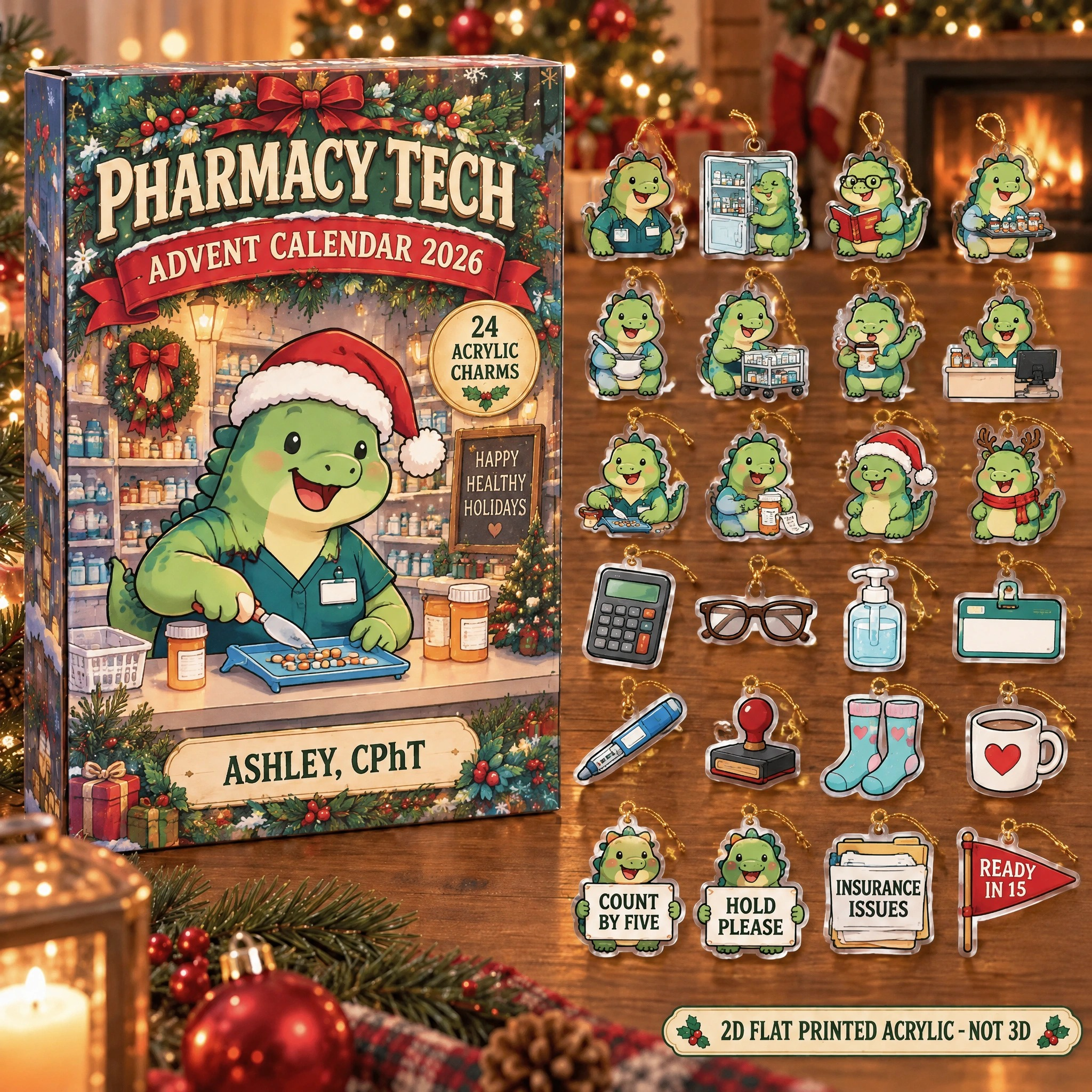 Personalized Pharmacy Tech Dinosaur advent calendar box with 24 flat acrylic Christmas charms