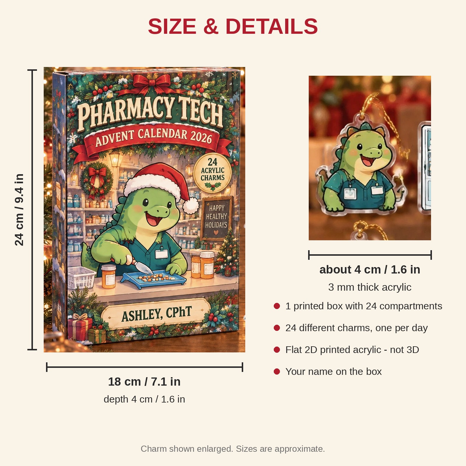 Personalized Pharmacy Tech Dinosaur advent calendar box with 24 flat acrylic Christmas charms: box and charm sizes