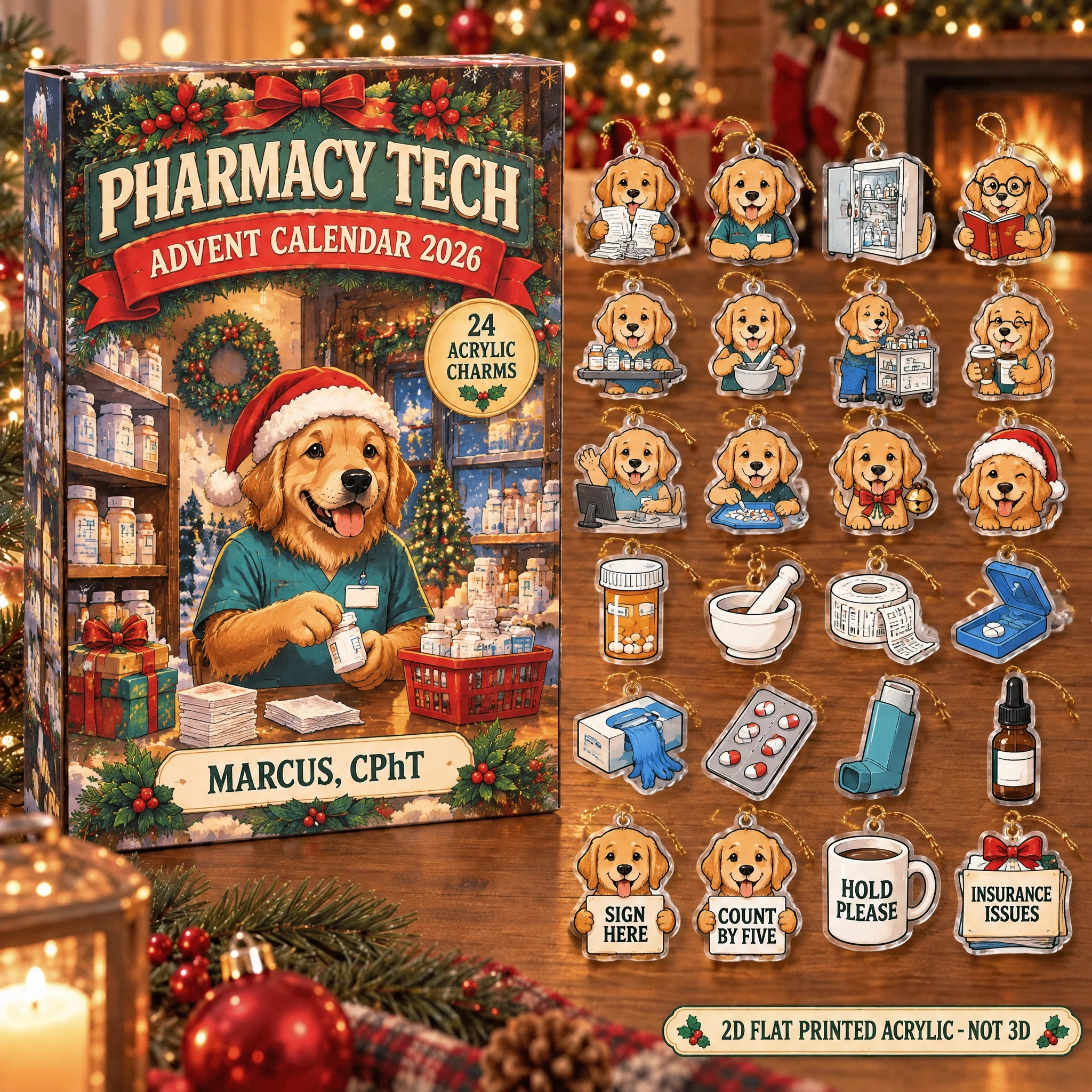 Personalized Pharmacy Tech Dog advent calendar box with 24 flat acrylic Christmas charms