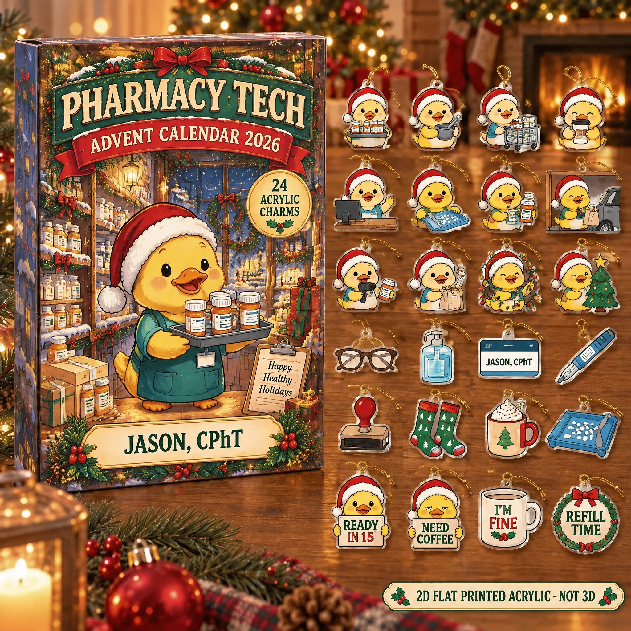 Personalized Pharmacy Tech Duck advent calendar box with 24 flat acrylic Christmas charms